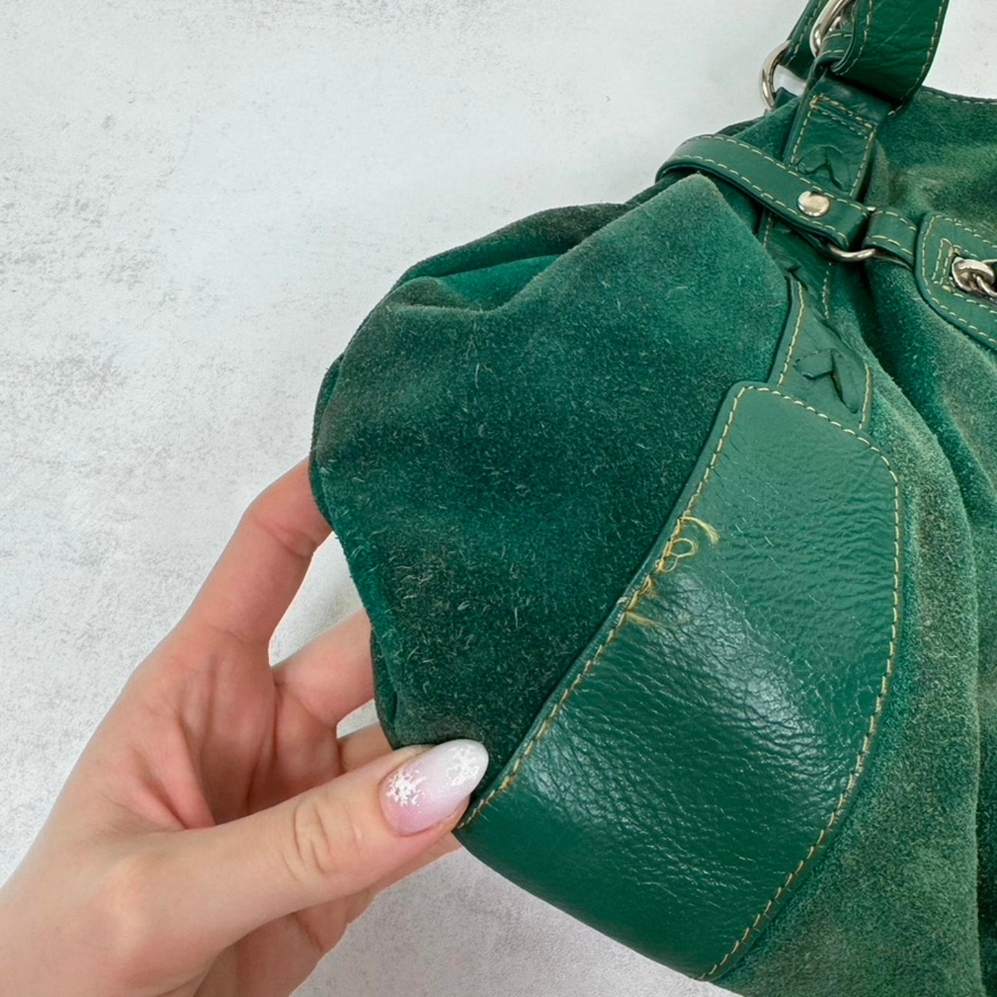 Y2K vintage genuine suede shoulder bag slouchy zipper green silver medium