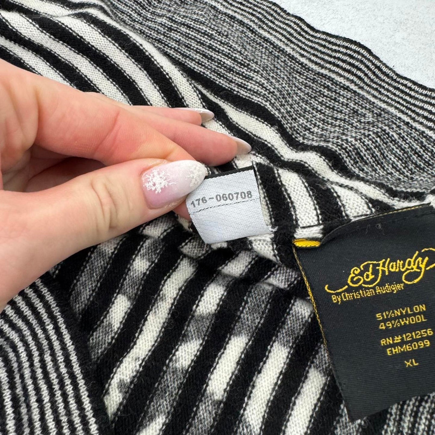 Y2K vintage Ed Hardy by Christian Audigier fine knit jumper v neck stripe wool