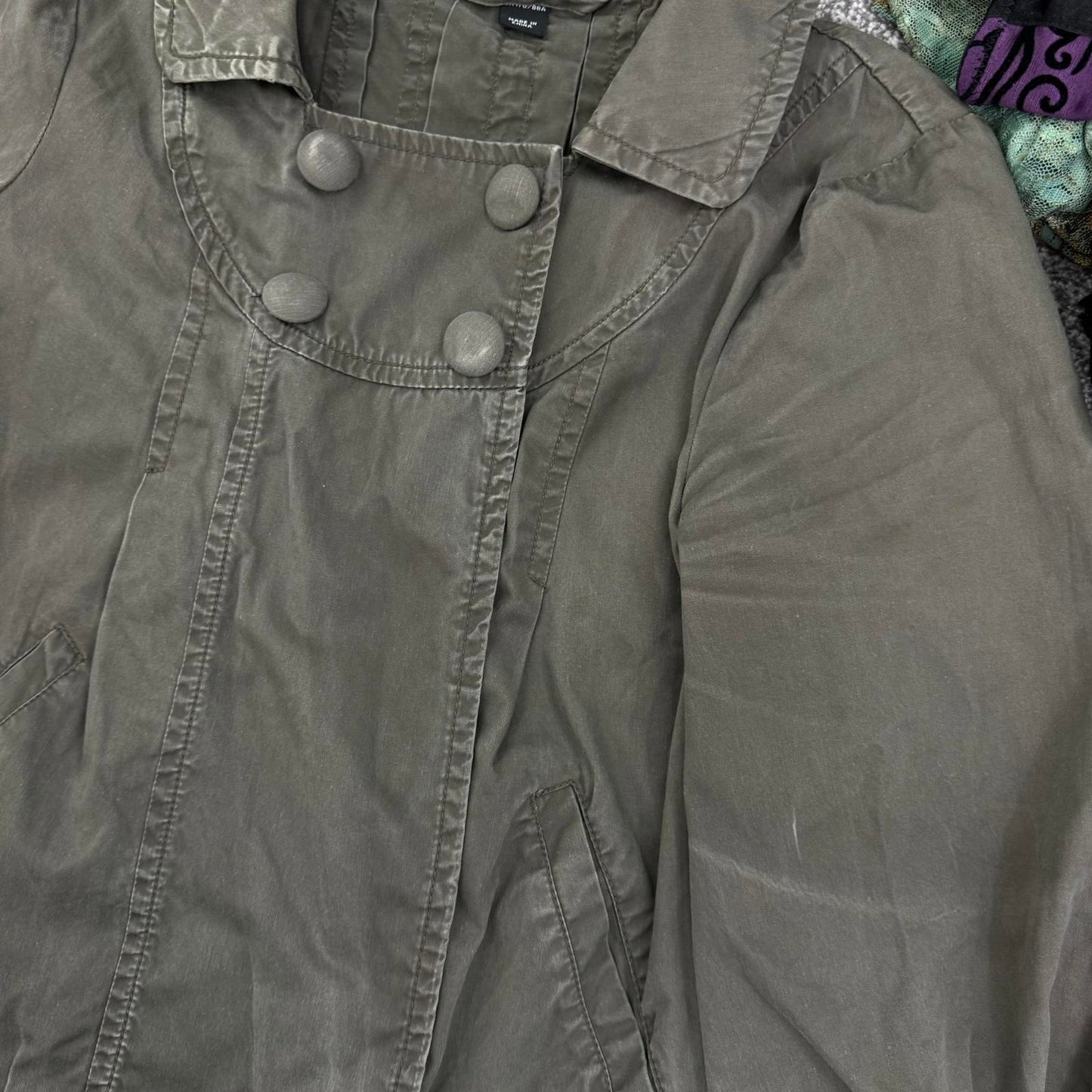 Y2K vintage military pea coat denim jacket ballon 3/4 sleeve pleated cropped