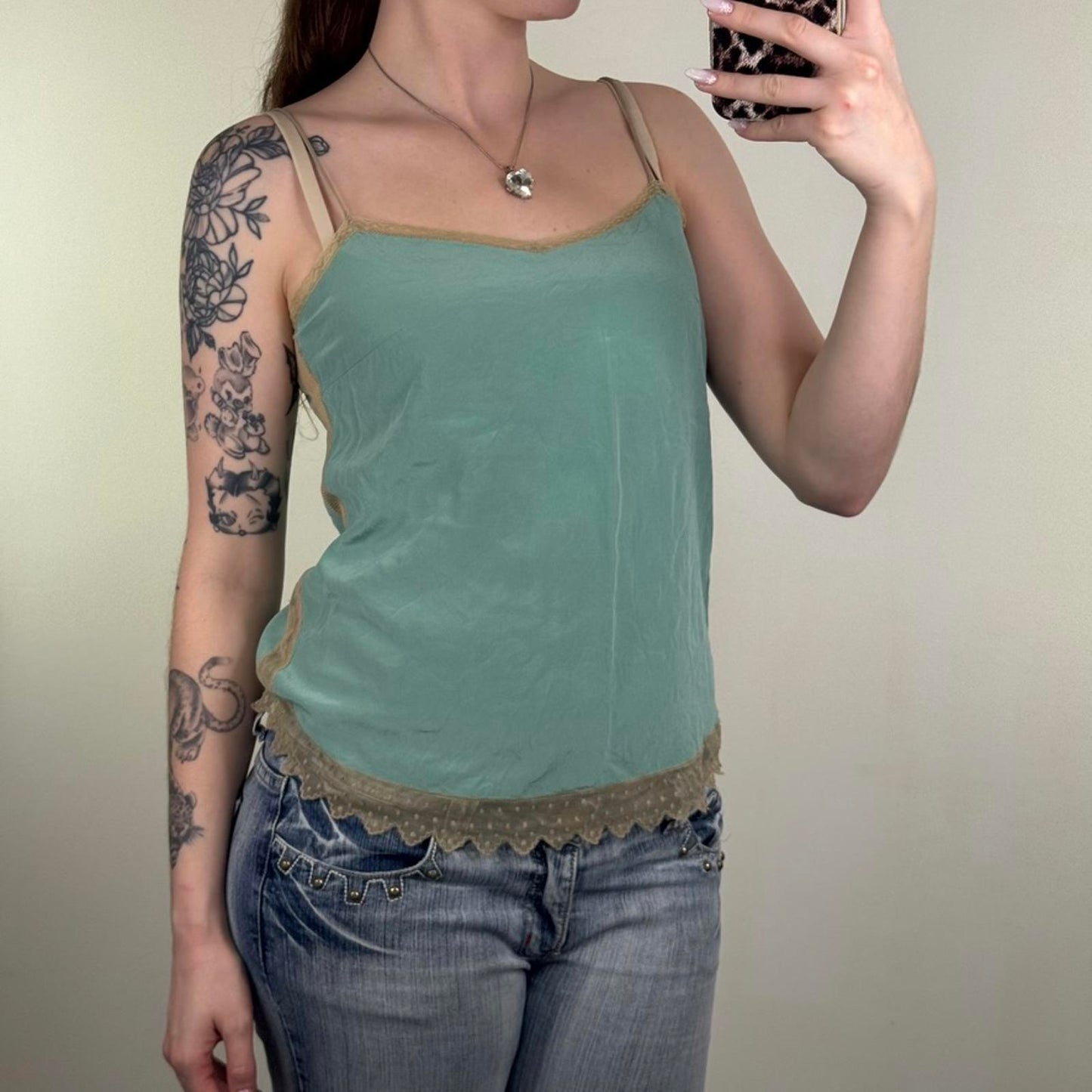 Zadig & Voltaire silk cami top turquoise blue khaki strappy mesh lace hem