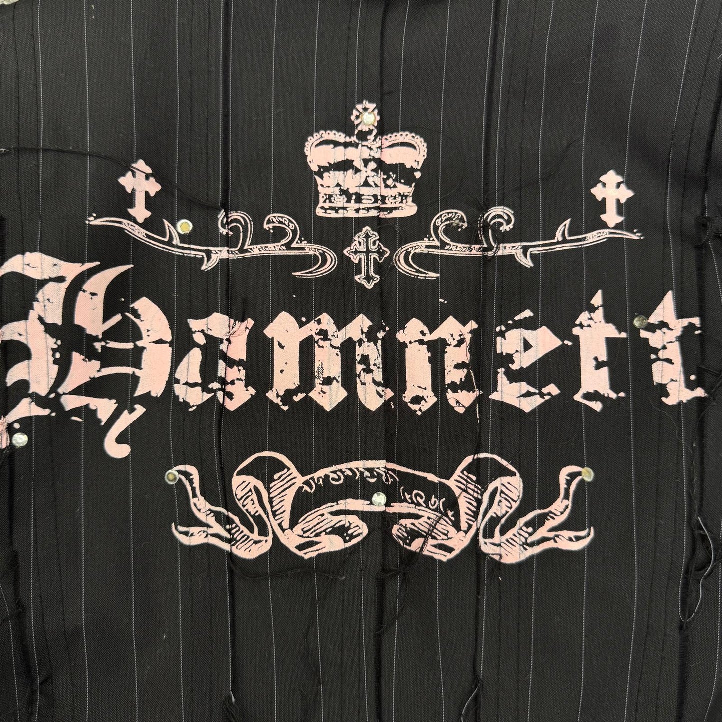 Y2K vintage Katharine Hamnett pinstripe blazer jacket cross crown pink graphic