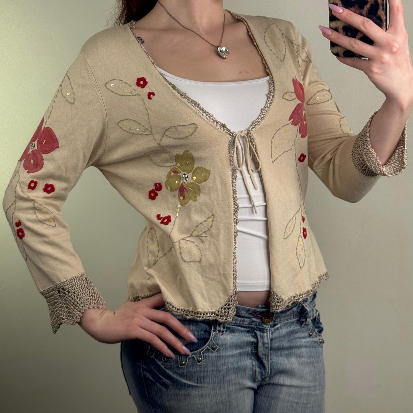 Y2K vintage cardigan tie front floral crochet sequin v neck 3/4 sleeve bow