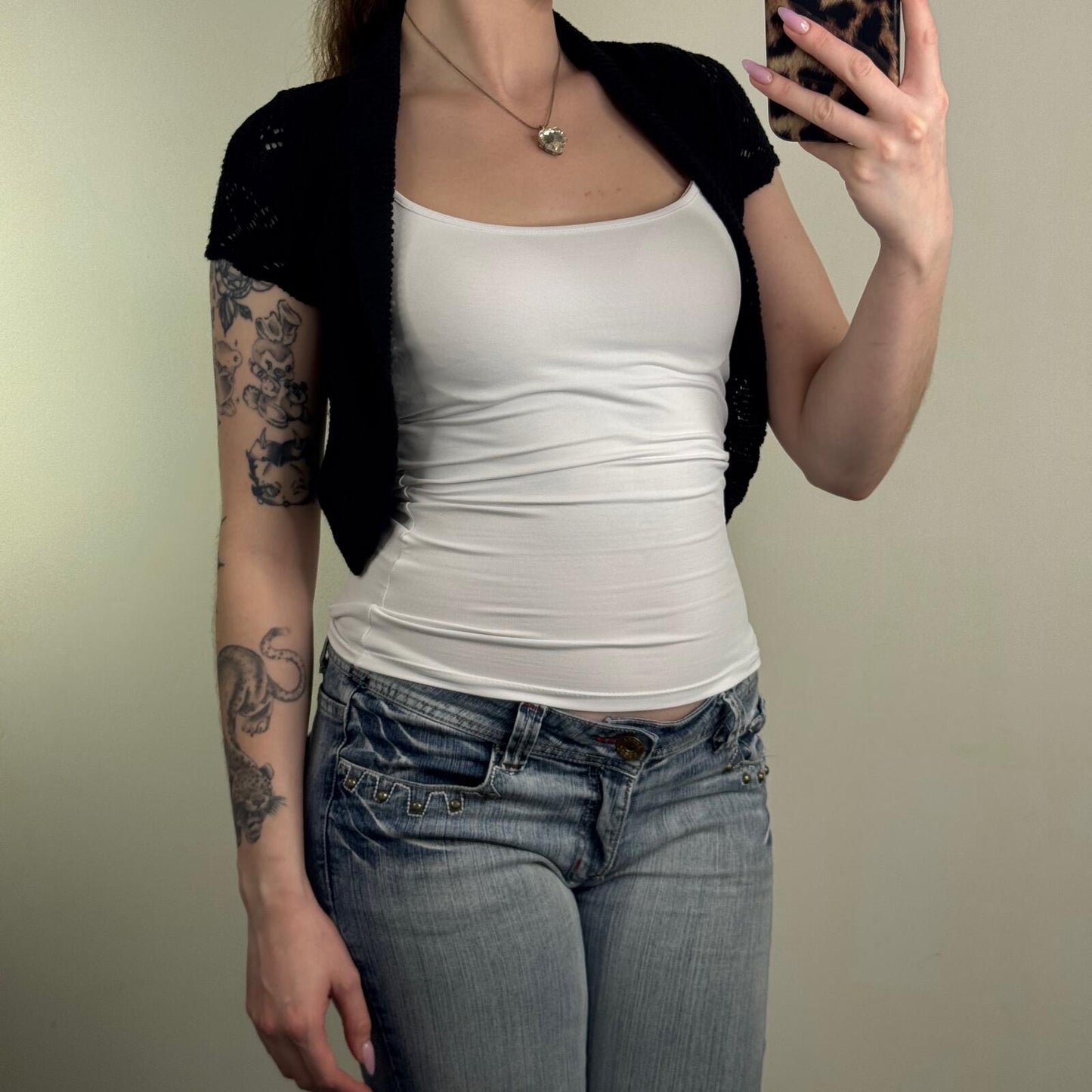 Y2K vintage cardigan bolero cropped open front cap sleeve fine knit shawl black