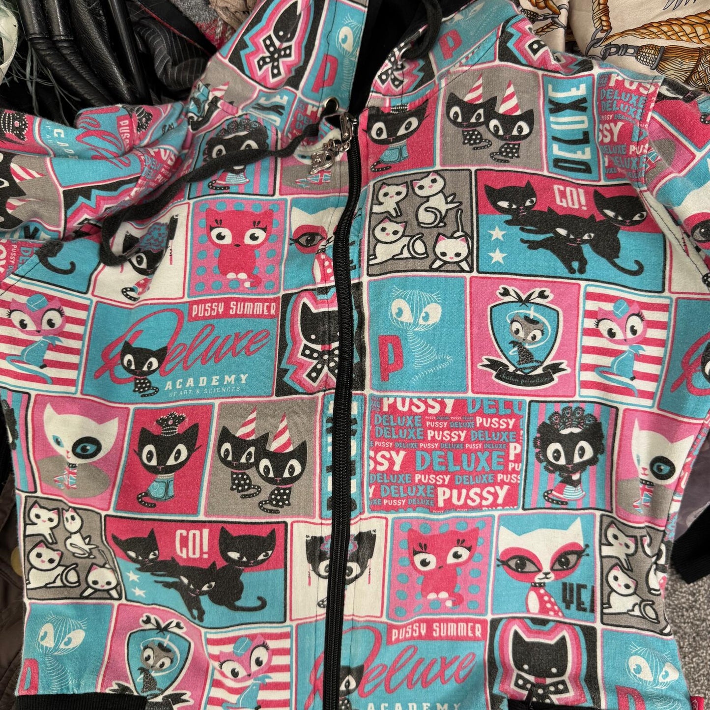 Y2K vintage zip up hoodie reversible cat graphic print comic elastic waistband
