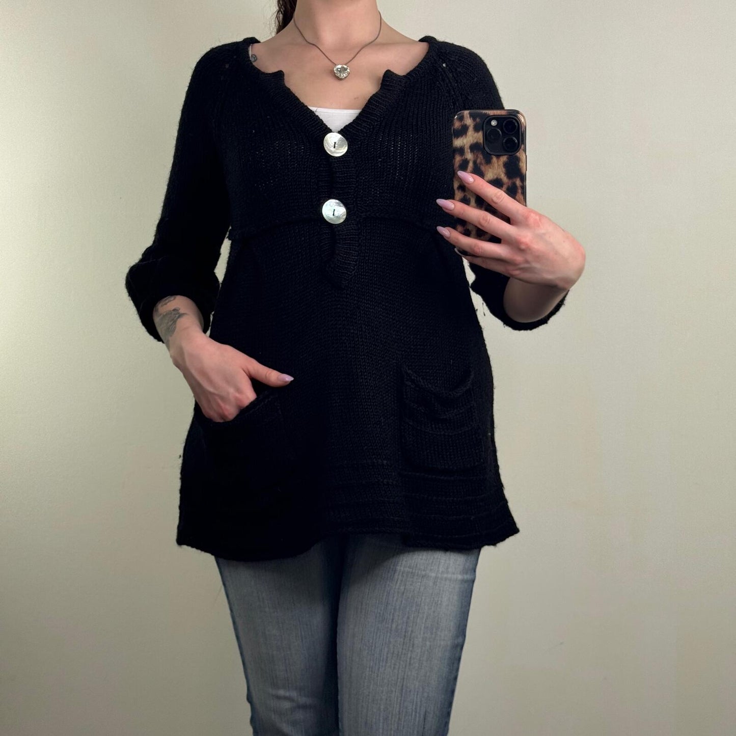 Y2K vintage chunky knit jumper button up wool blend 3/4 balloon sleeve v neck