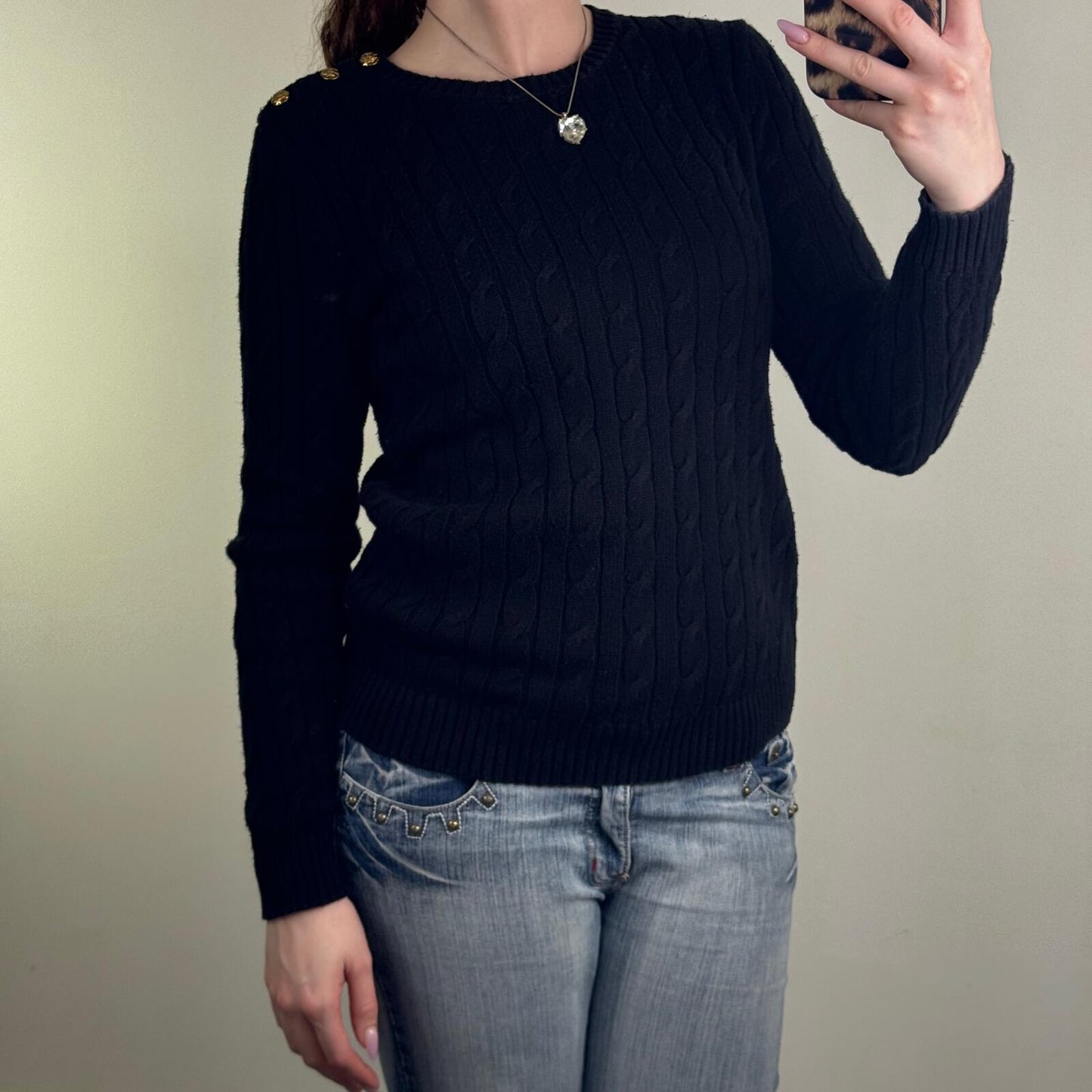 Lauren Ralph Lauren jumper cable knit button high round neck black knitted