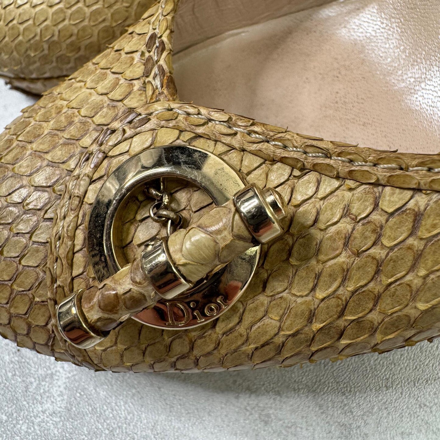 Vintage Dior heels snakeskin stilettos platform gold beige