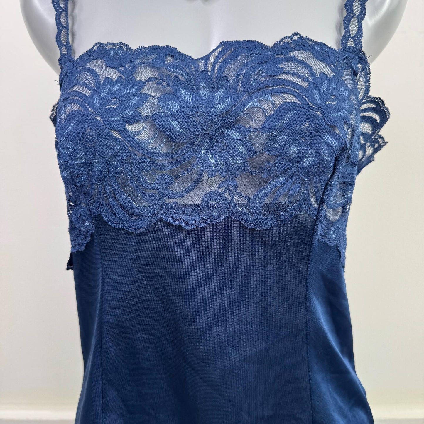 Vintage cami top lace trim strappy navy blue sheer scallop hem square neck