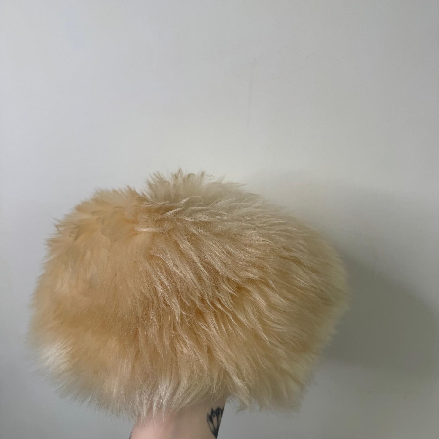 True vintage beret hat sheepskin fur wool bobble cream satin lined
