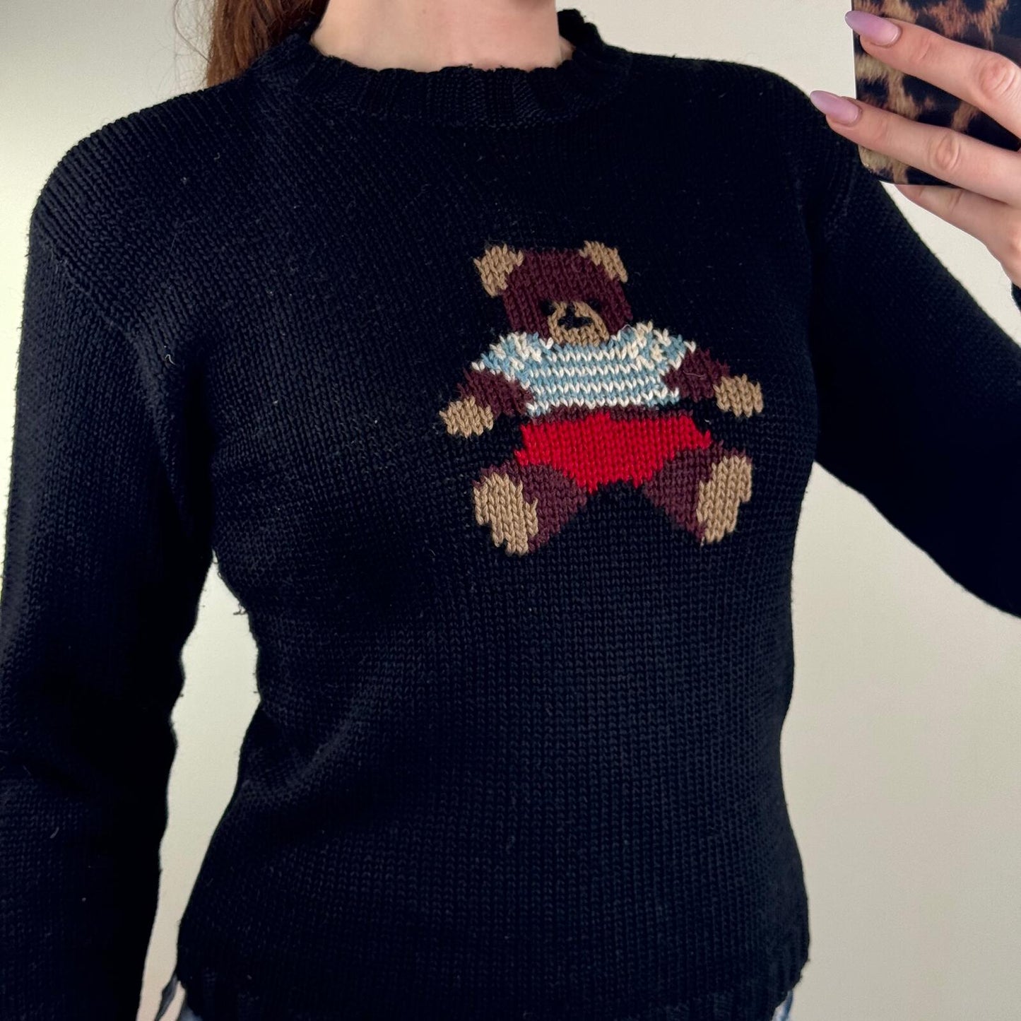 Y2K vintage Kookai bear jumper wool blend teddy black stripe high neck short