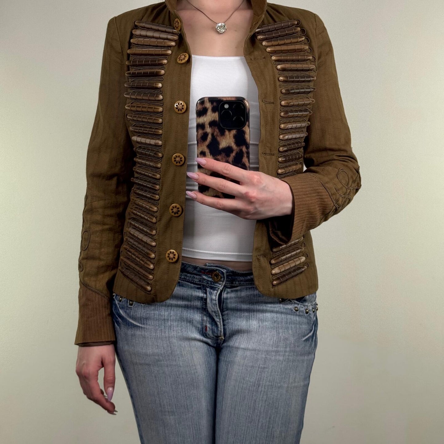 Y2K vintage S'NOB military jacket denim wooden embroidered button up archive