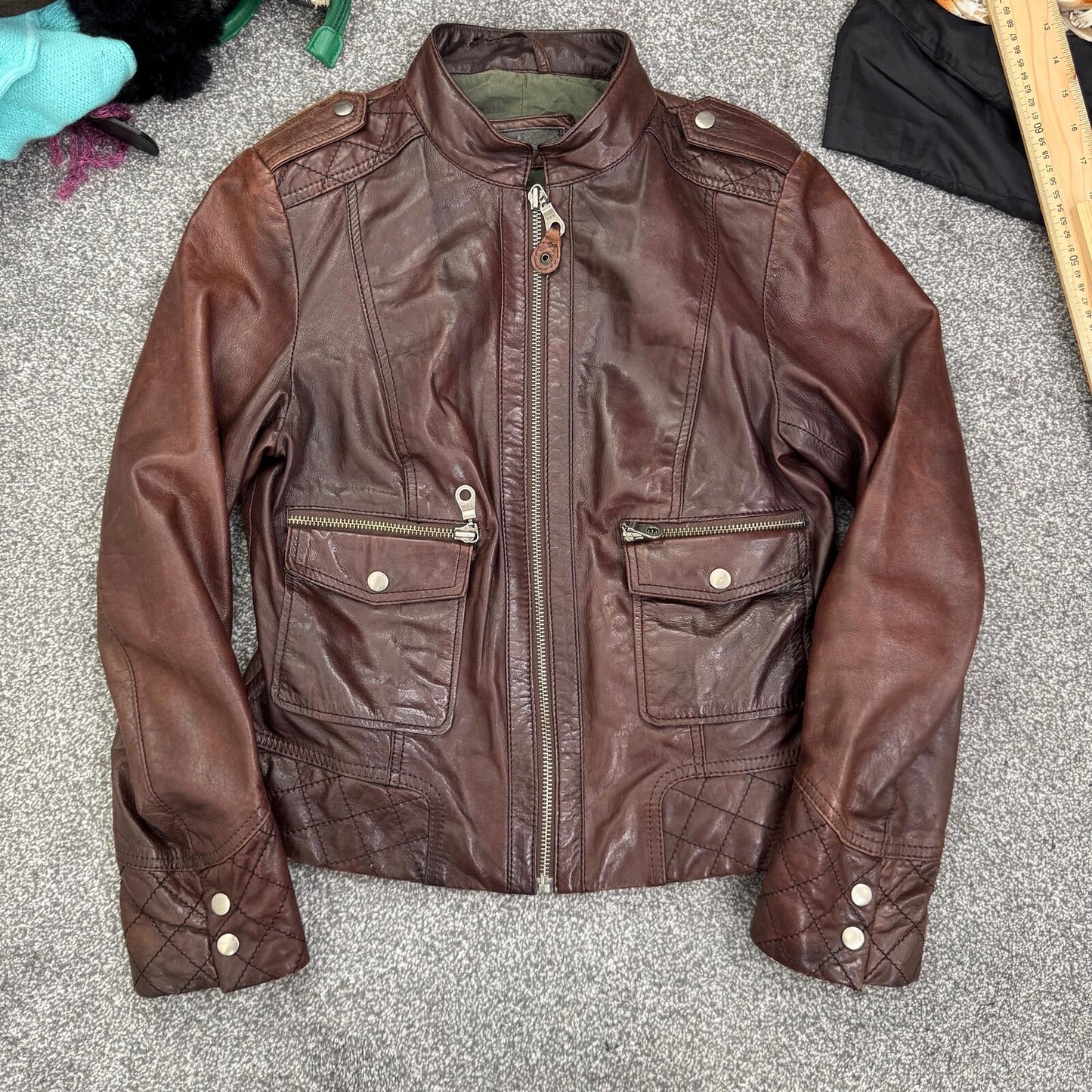 Y2K vintage genuine leather jacket high neck full zip up two tone cargo pockets