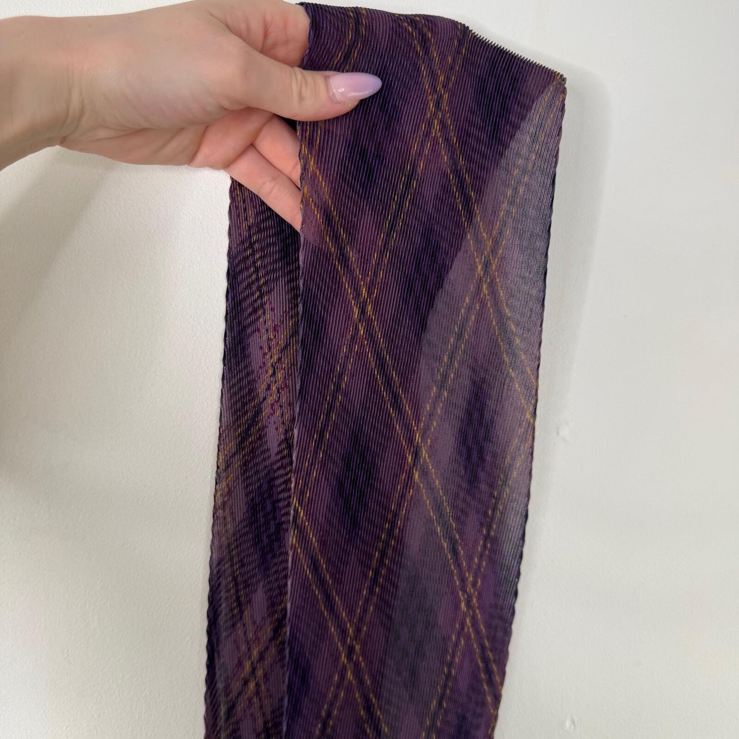 Y2K vintage tartan scarf sheer lightweight crinkle pleated purple check print