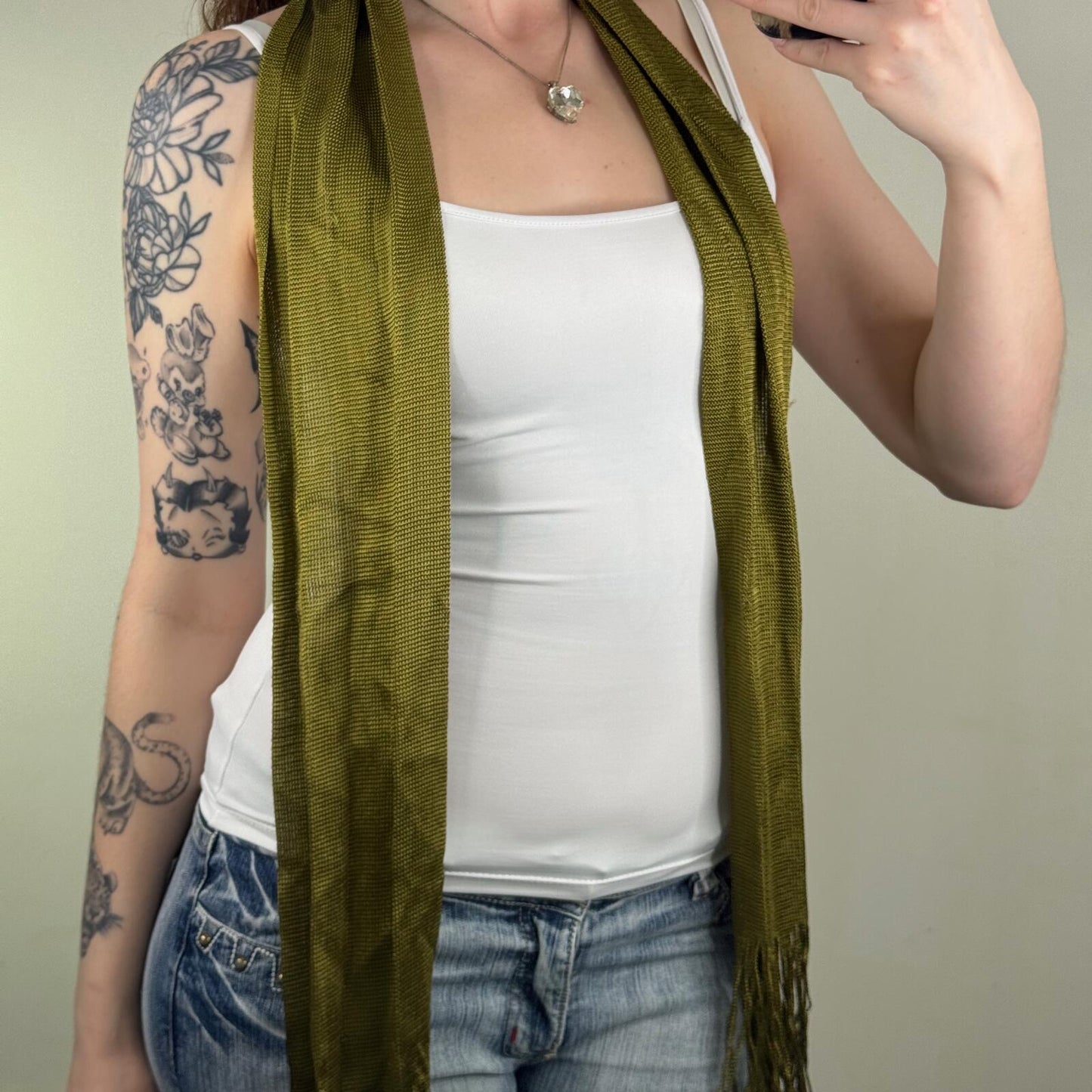 Y2K vintage scarf fine knit olive green fringe