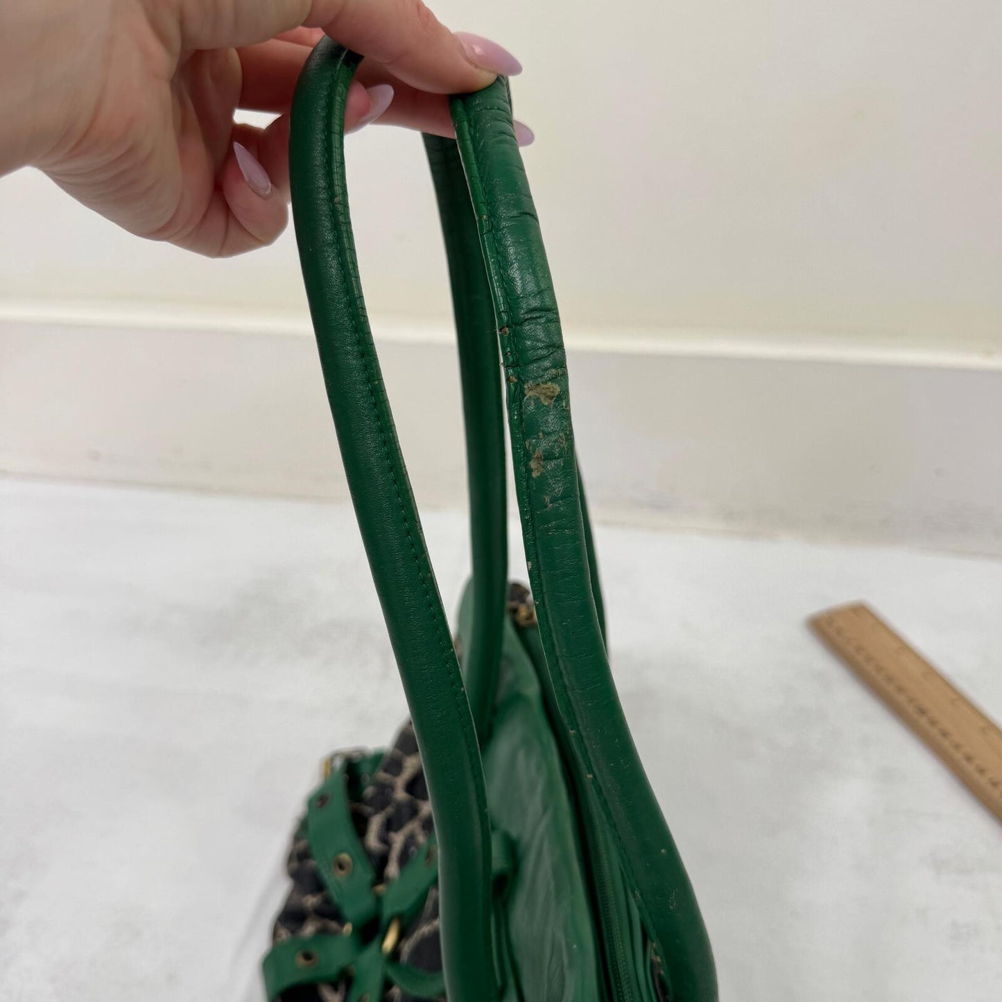 Y2K vintage shoulder bag genuine leather grommet giraffe print green large size