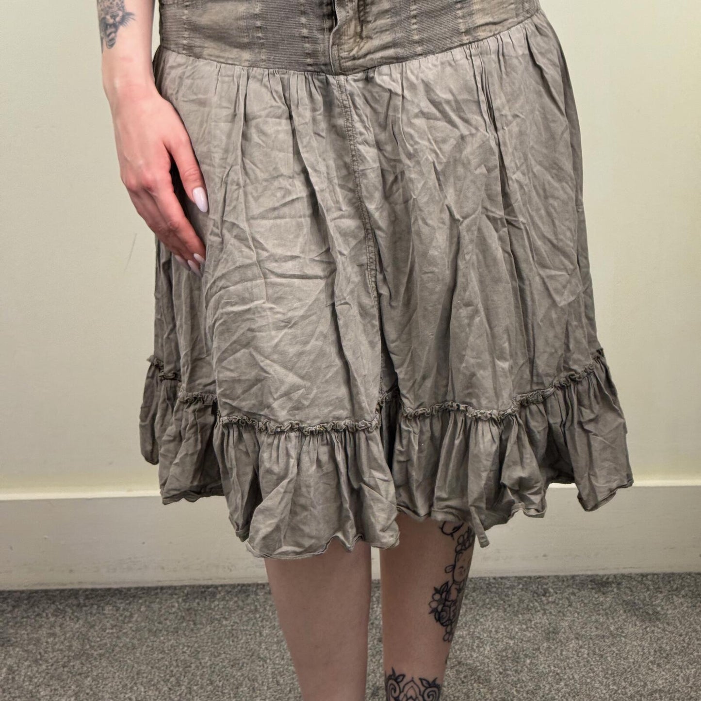 Y2K vintage Morgan de Toi midi skirt denim frill hem knee length a line khaki