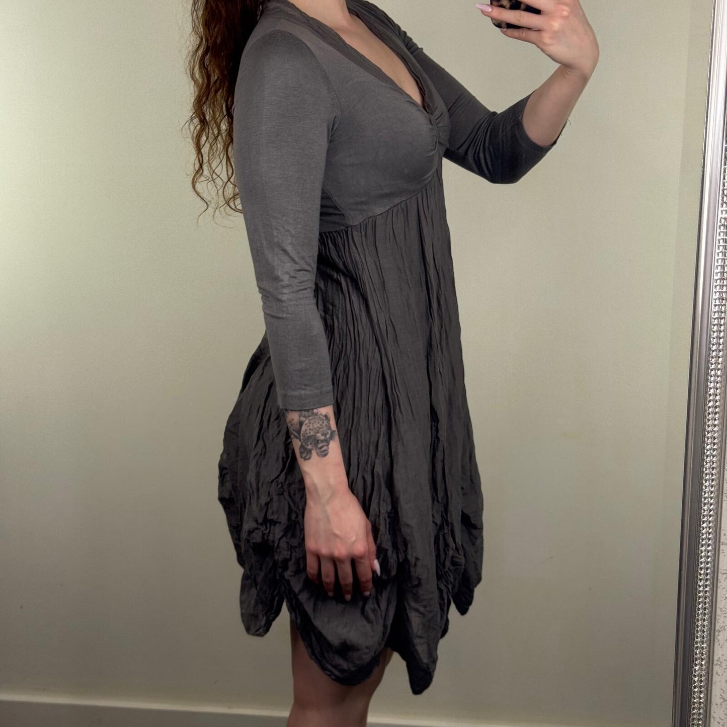 Y2K vintage silk blend midi dress ruffle archive 3/4 sleeve v neck ruched layer