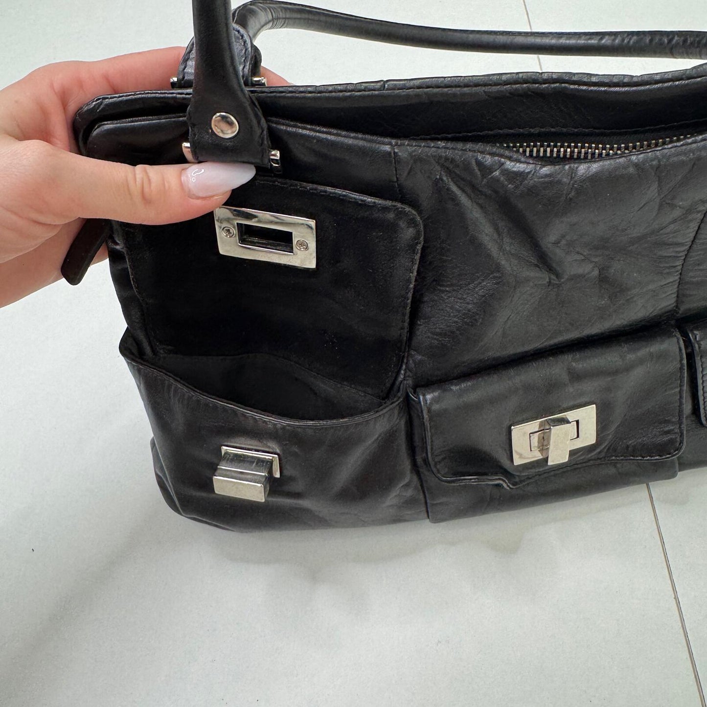 Y2K vintage shoulder bag genuine leather black silver cargo pockets utility