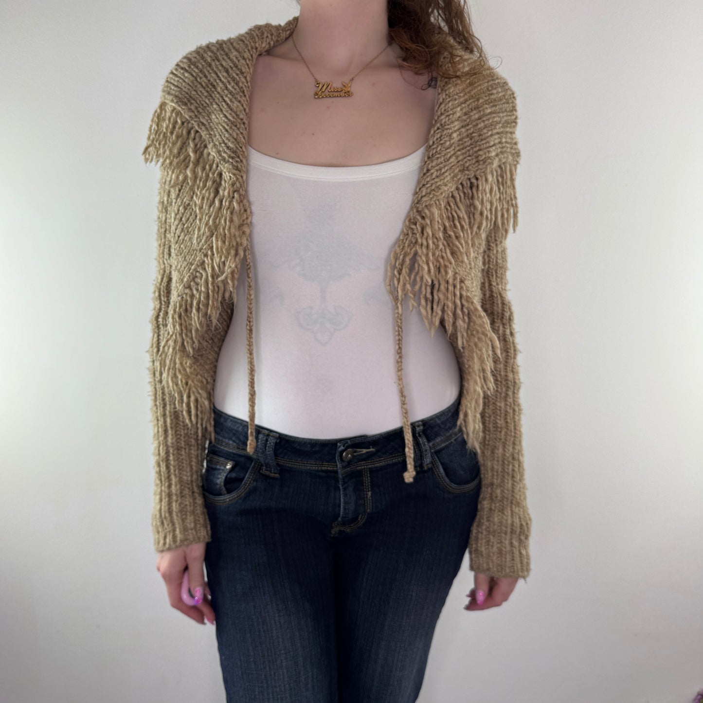 Vintage Y2K chunky knit fringe cardigan