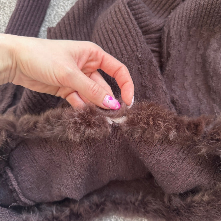 Y2K vintage genuine fur trim long sleeve knitted top