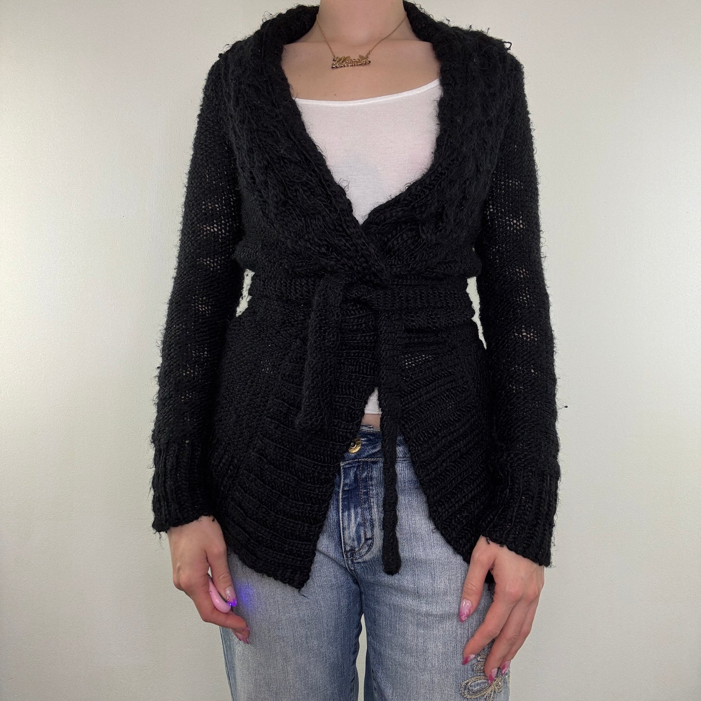 Y2K vintage archive cardigan v neck with belt tie bow chunky knit wraparound