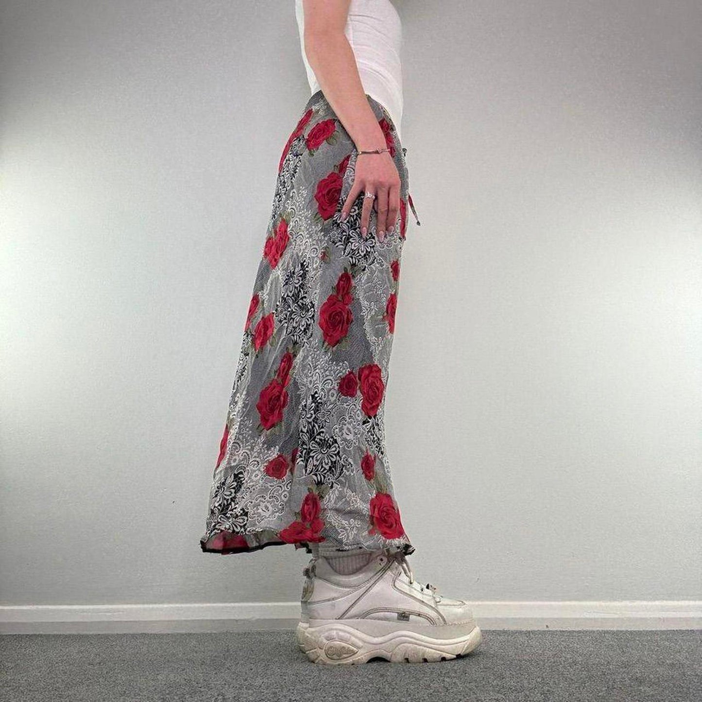 Y2K vintage patchwork lace style rose floral pattern bow maxi skirt stretchy