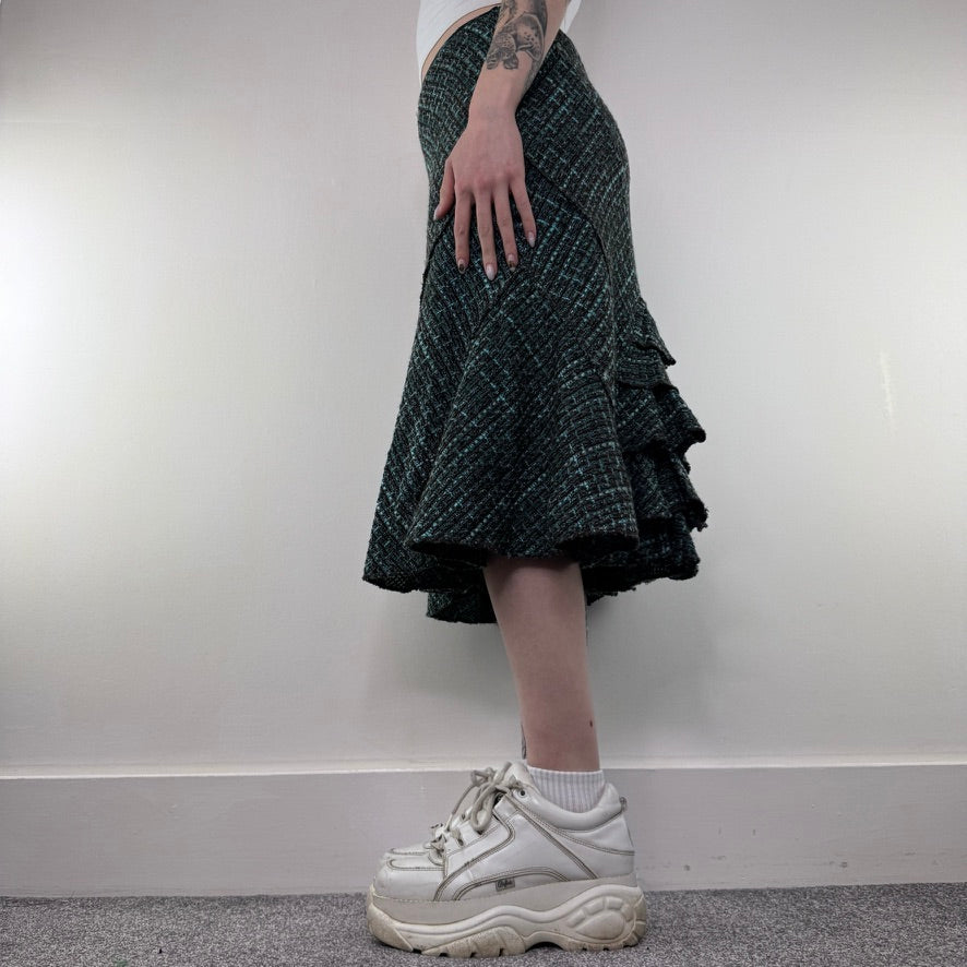 Y2K vintage tweed ruffle midi skirt