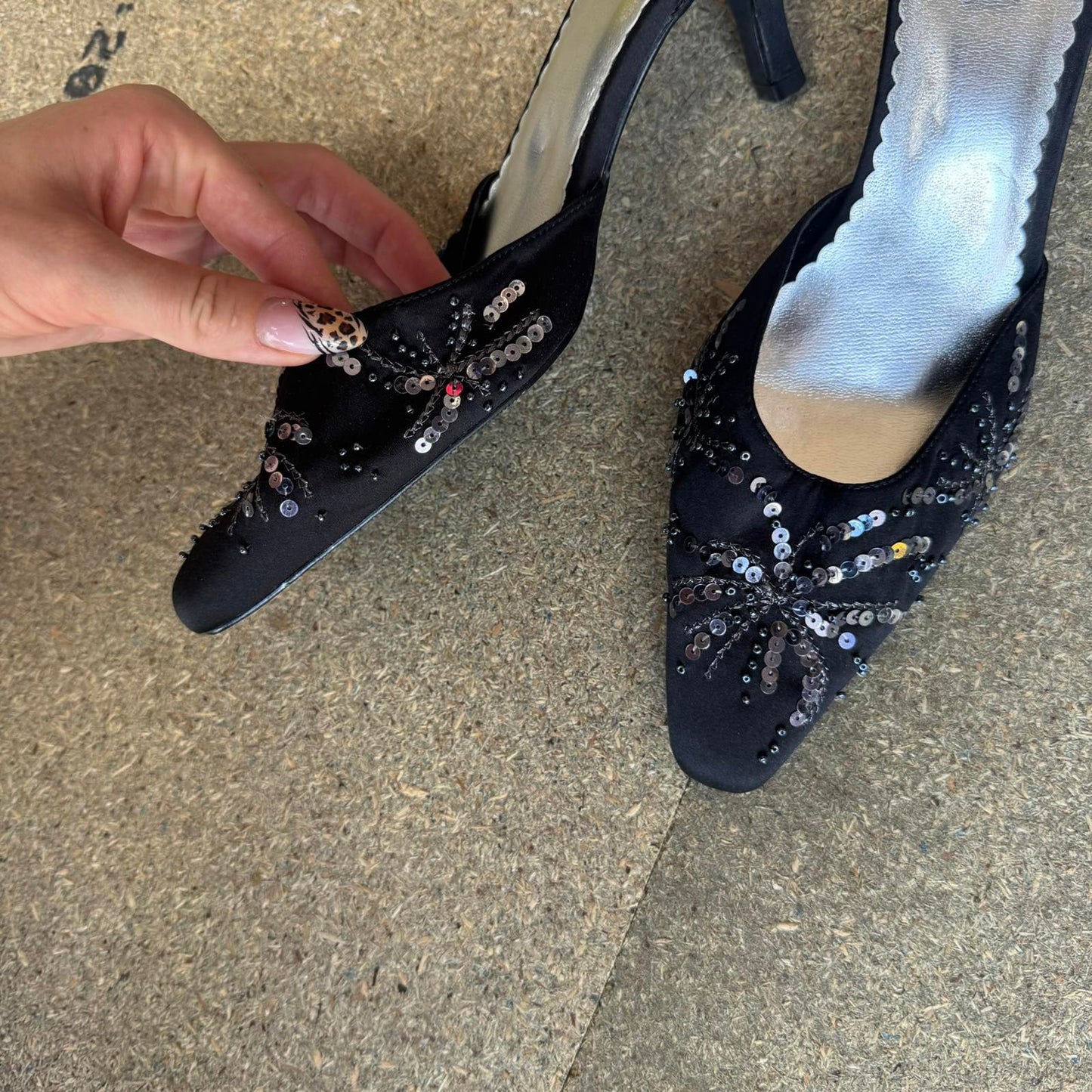 Y2K vintage kitten heel beaded embellished sequin ankle strap pointed toe satin