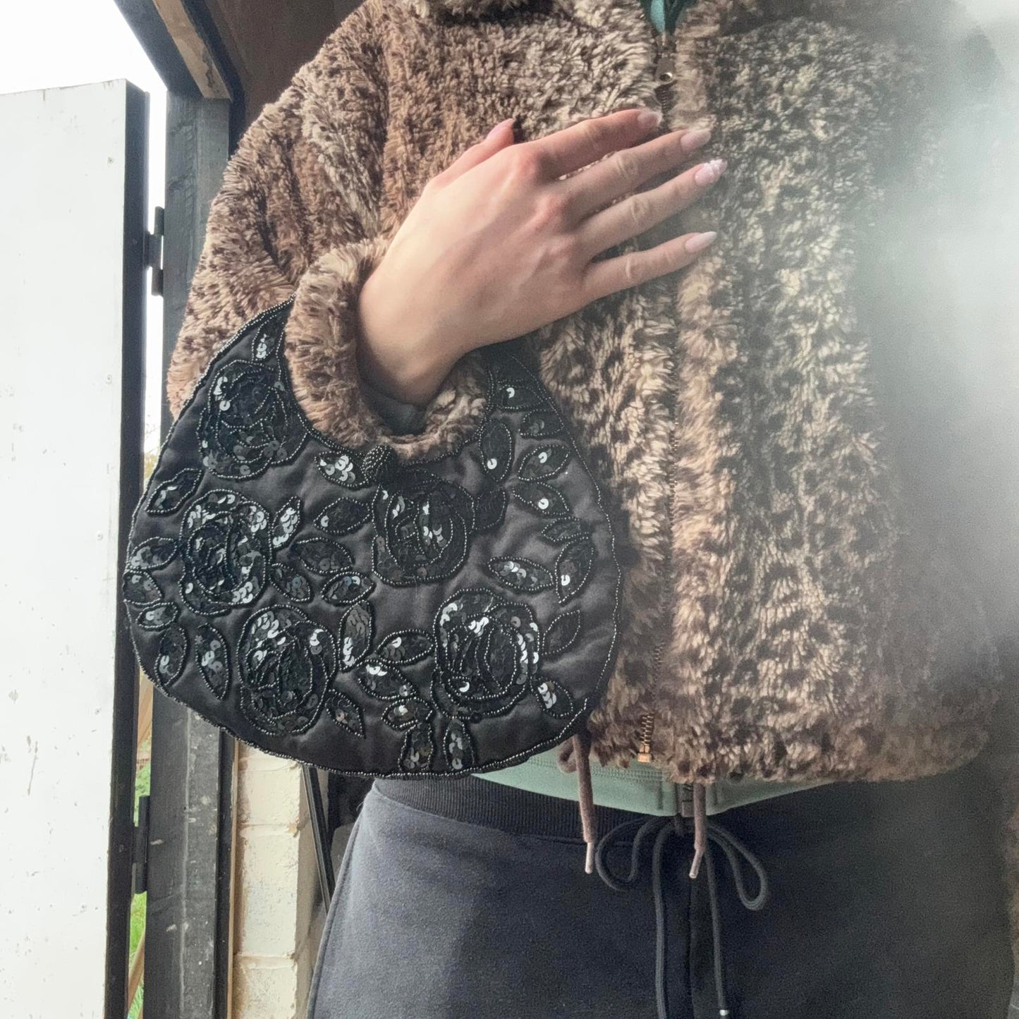 Y2K vintage mini micro satin beaded handbag sequin embellished circle evening