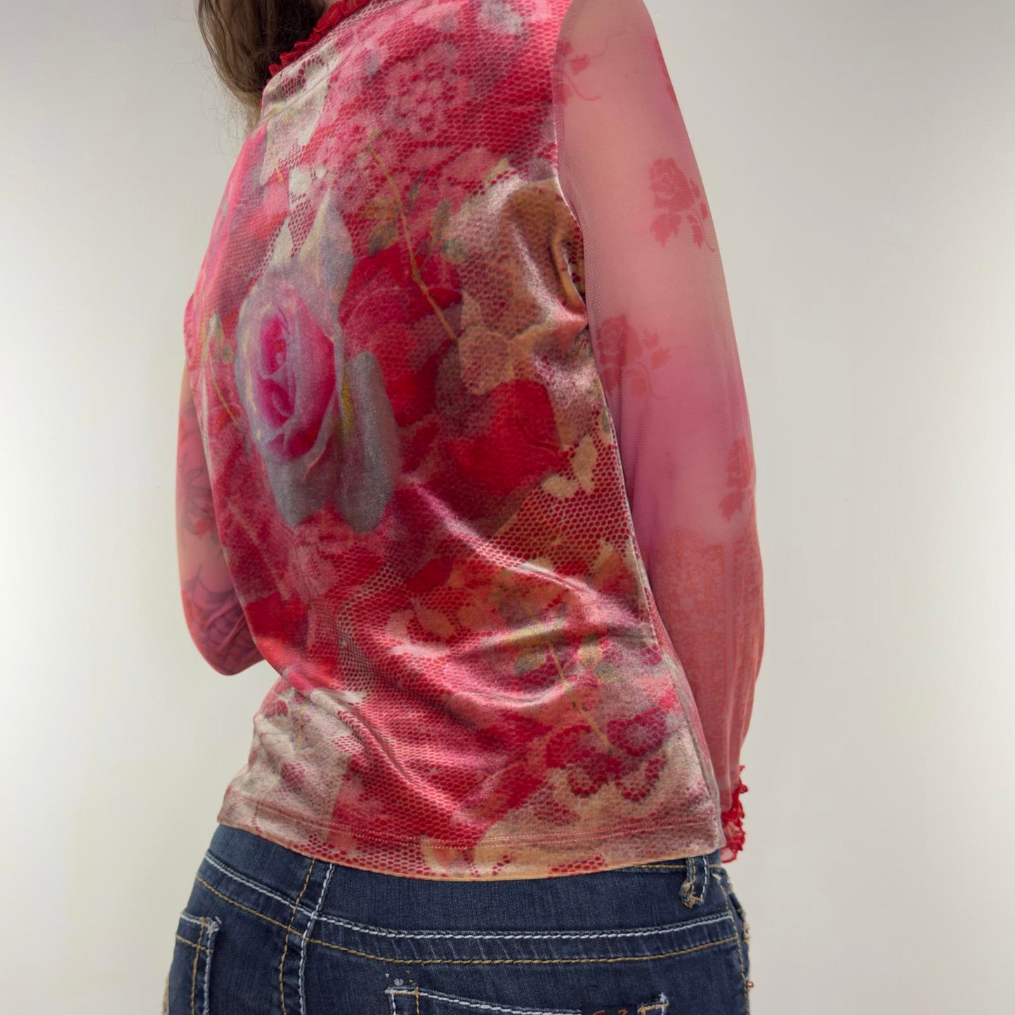 Y2K vintage mesh velour floral long sleeve top