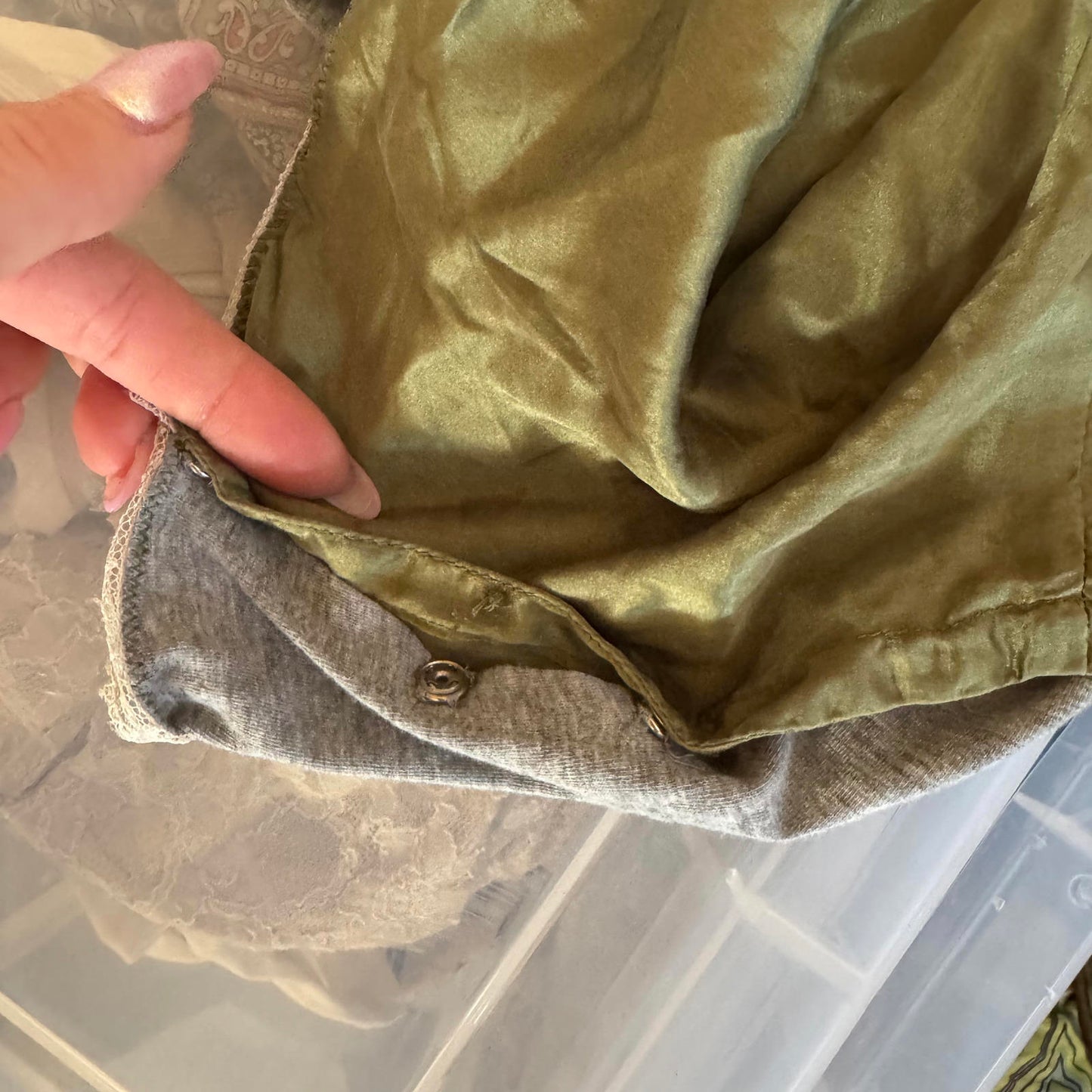 Y2K vintage silk lace trim cotton cami top strappy green cream grey