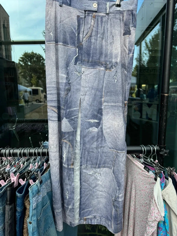 Y2K vintage stretchy bodycon maxi skirt sparkly denim pattern