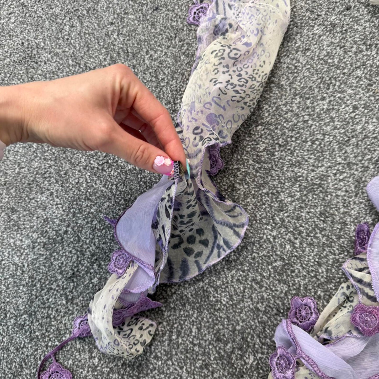 Y2K vintage leopard tiger print flower embroidery scarf lilac cream frilly