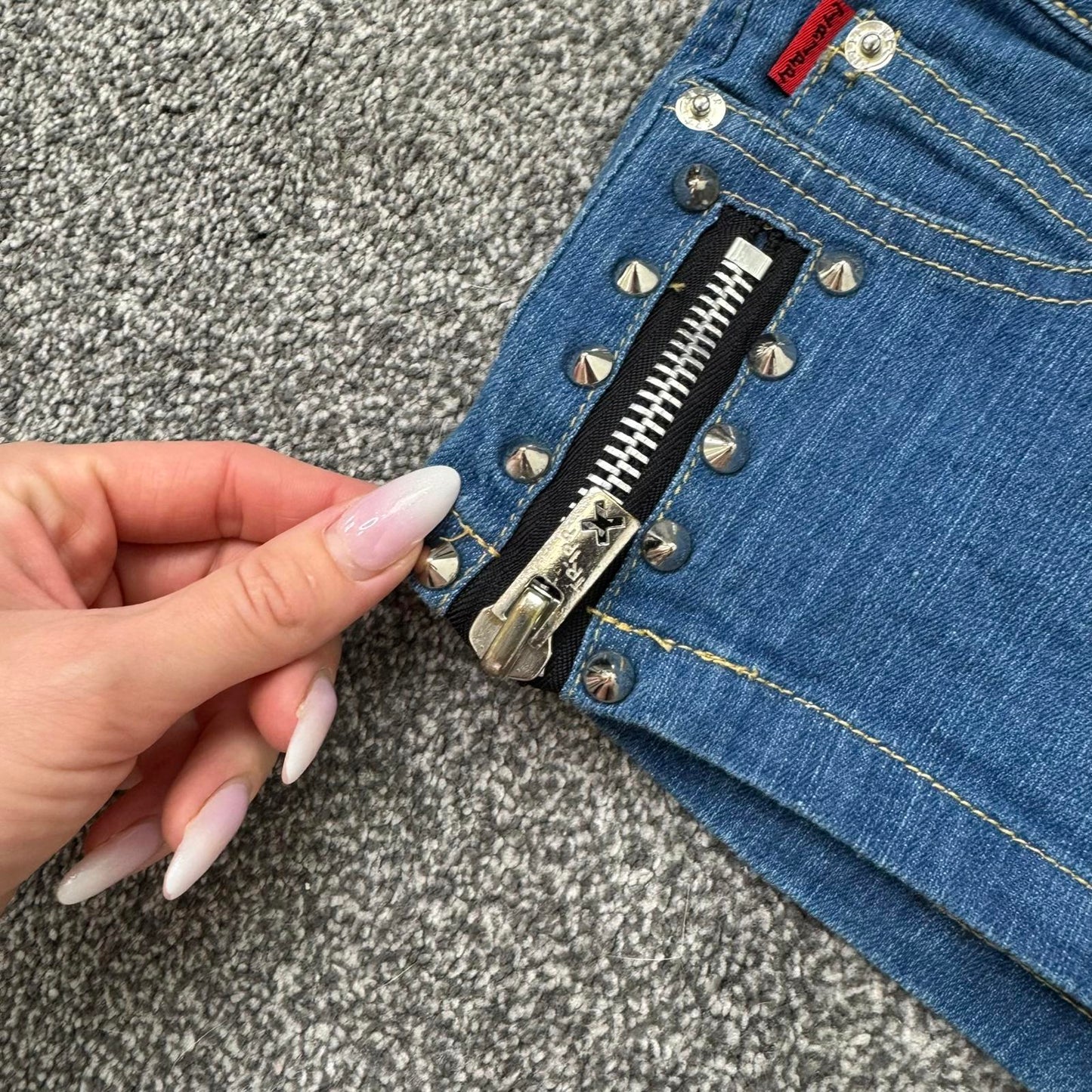 Tripp NYC low rise denim mini shorts studded zipper blue wash stretchy micro