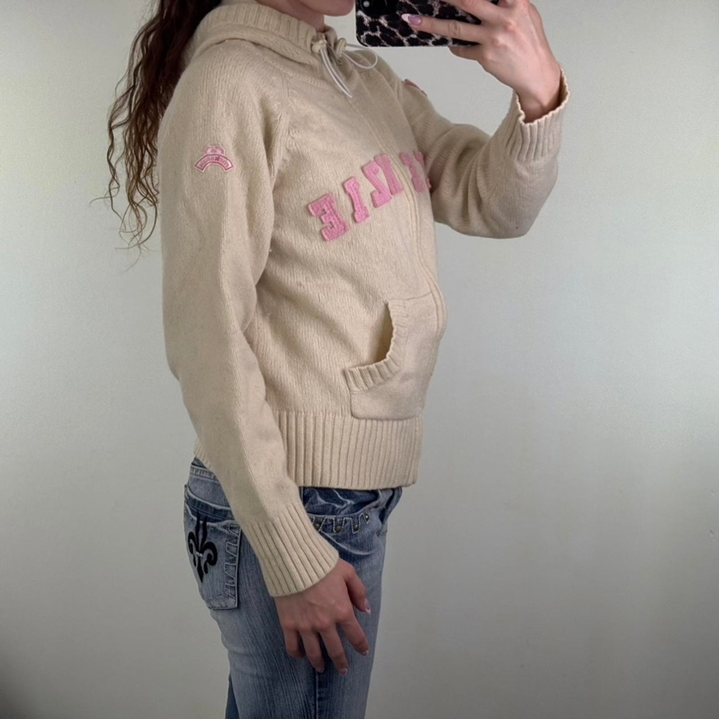 Y2K vintage McKenzie wool blend zip up hoodie pink toggles cream pink