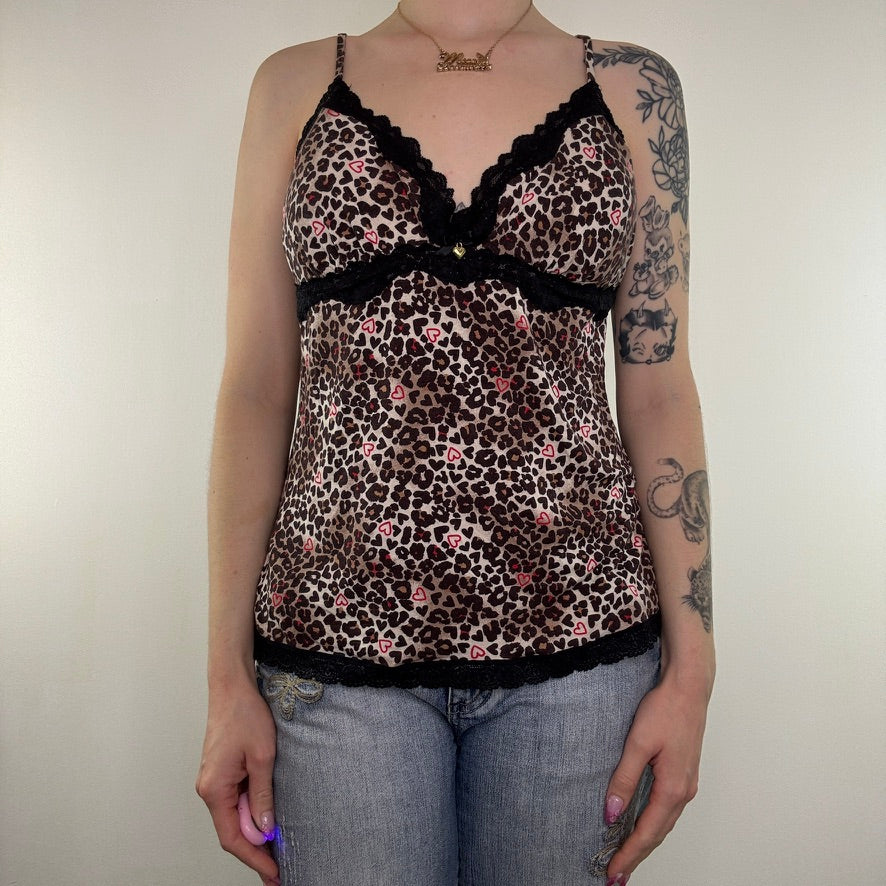 Y2K vintage leopard cami top padded bra built in support lace heart charm print