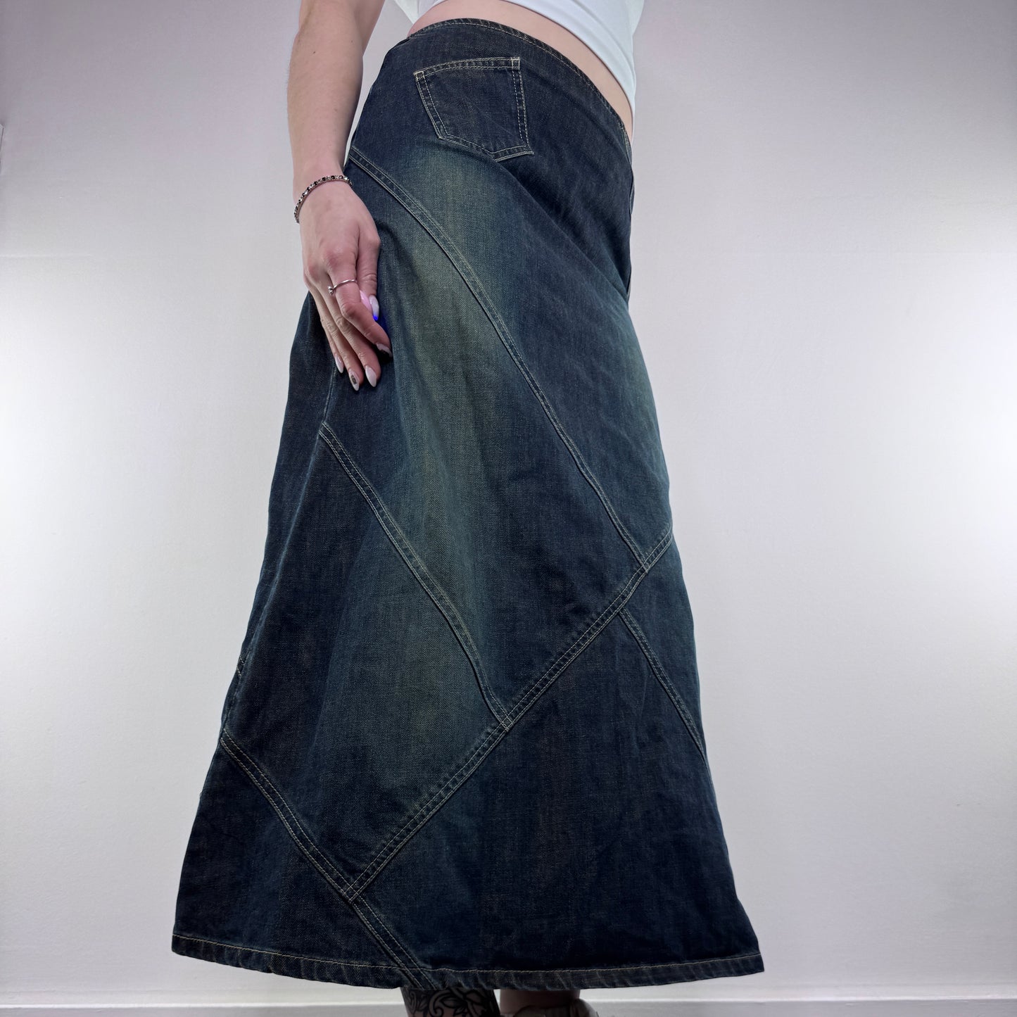 Y2K vintage faded denim cargo pocket maxi skirt