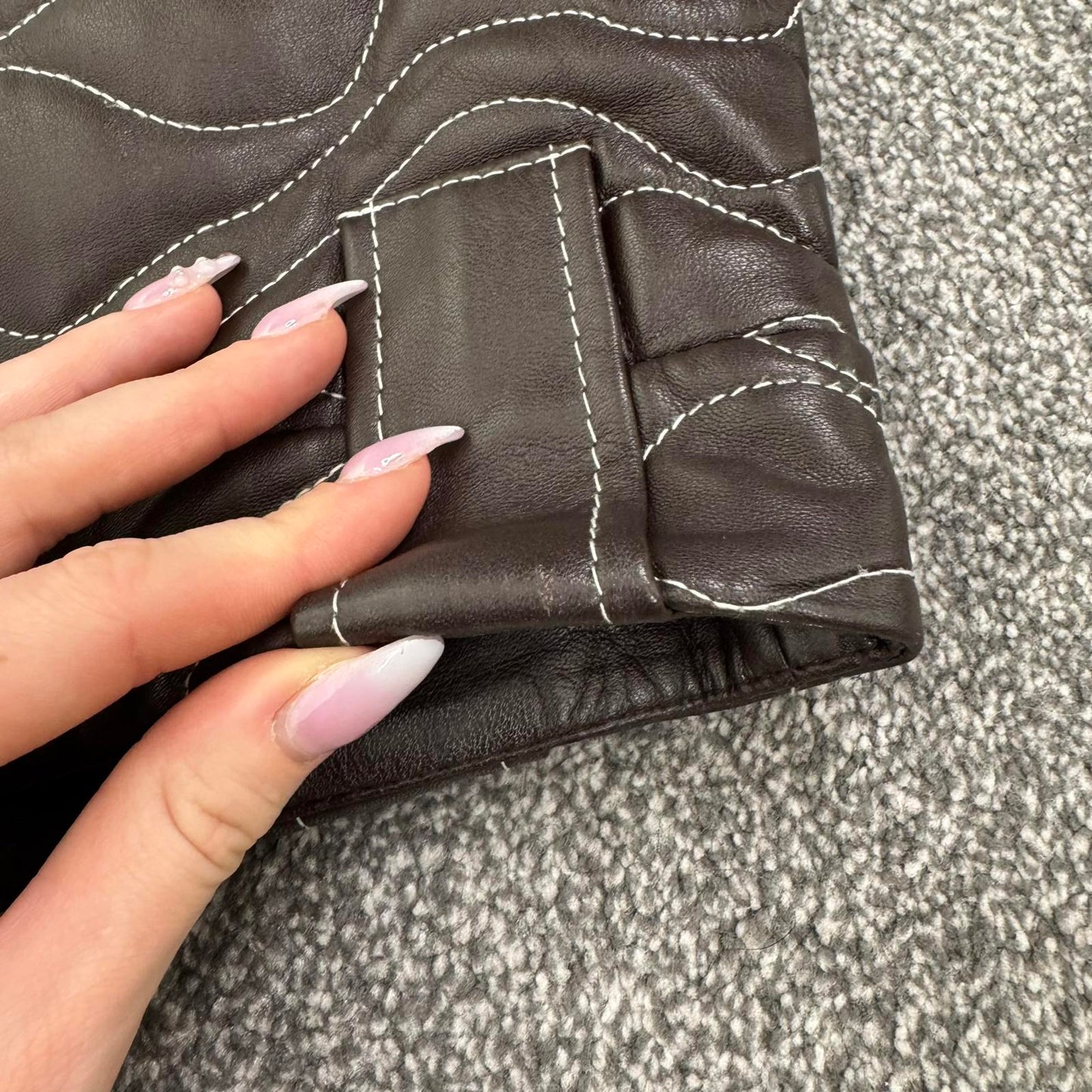 Ganni genuine lamb leather wavy mini skirt brown white pattern