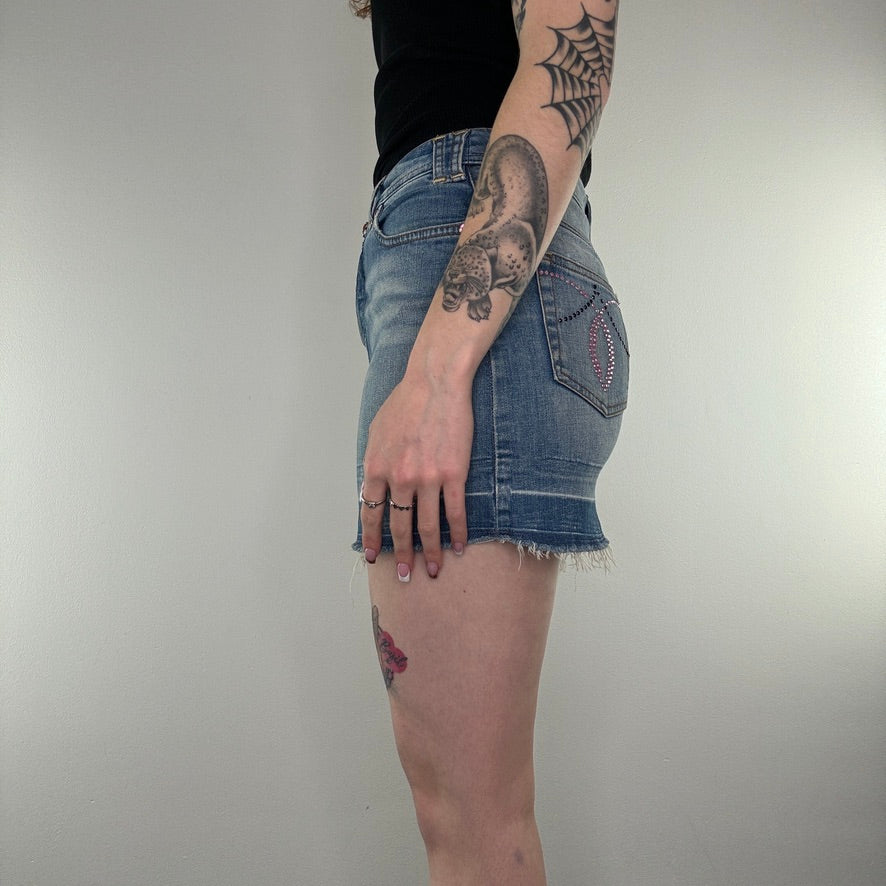 Y2K vintage rhinestone denim mini skirt
