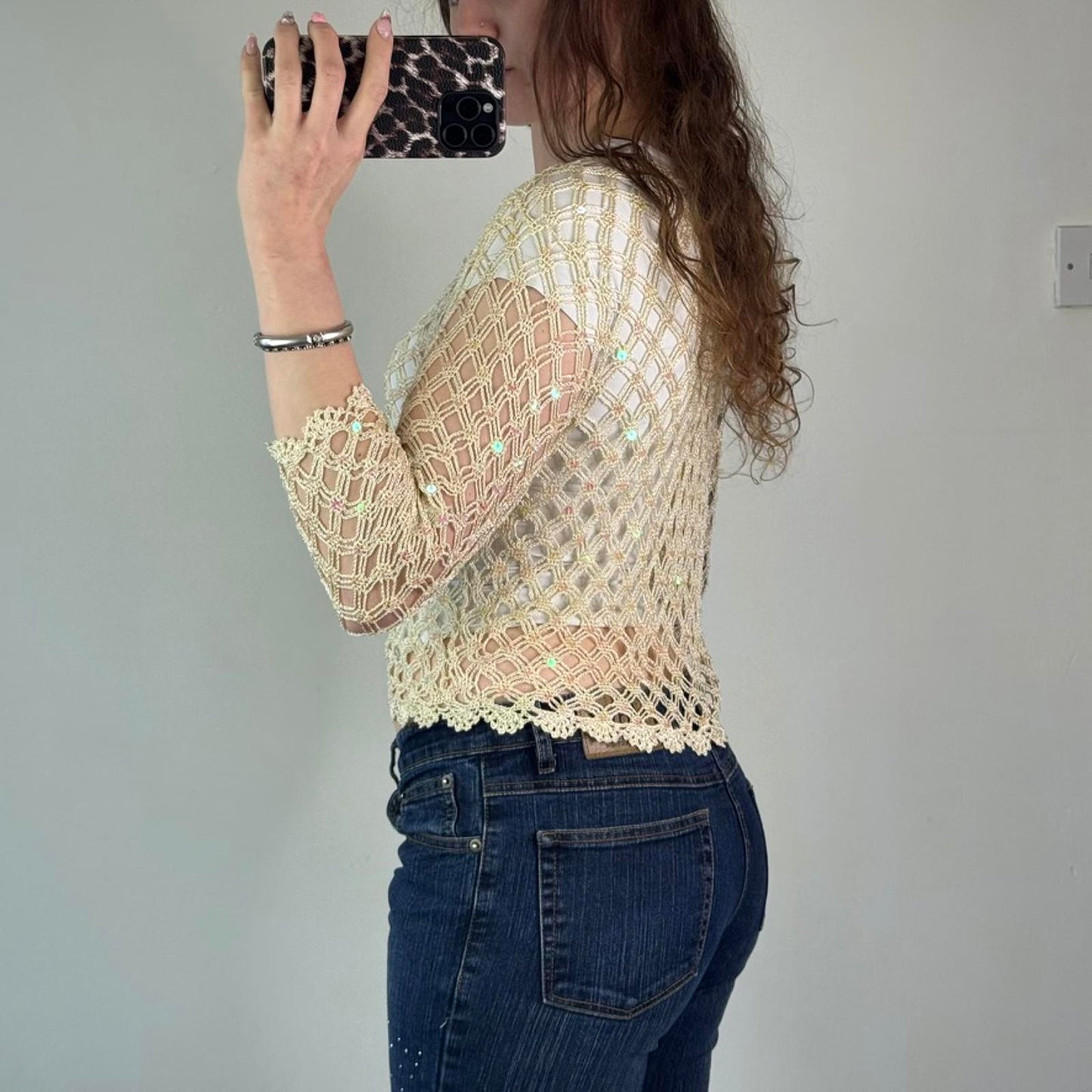 Y2K vintage sequin crochet scallop hem button cardigan 3/4 sleeve summer