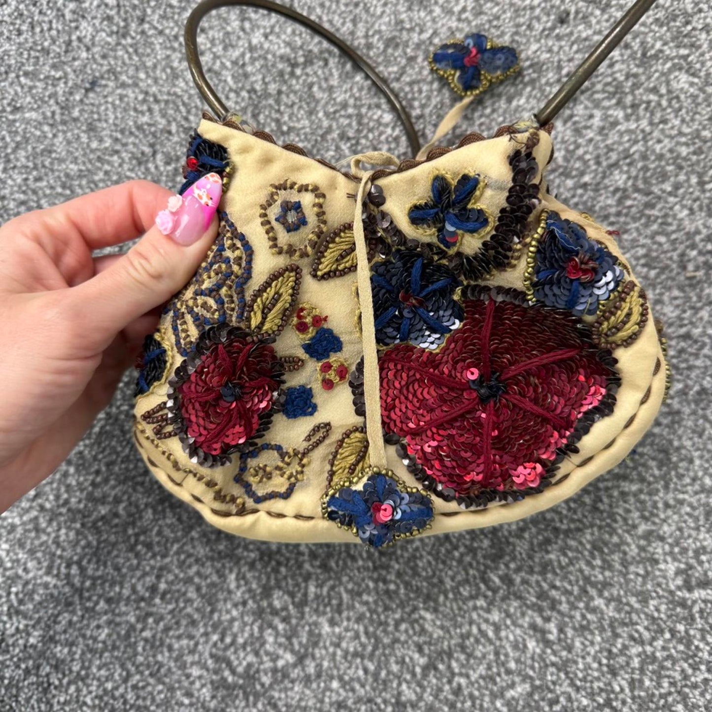 Y2K vintage silk sequin floral beaded embroidered mini micro handbag o ring boho