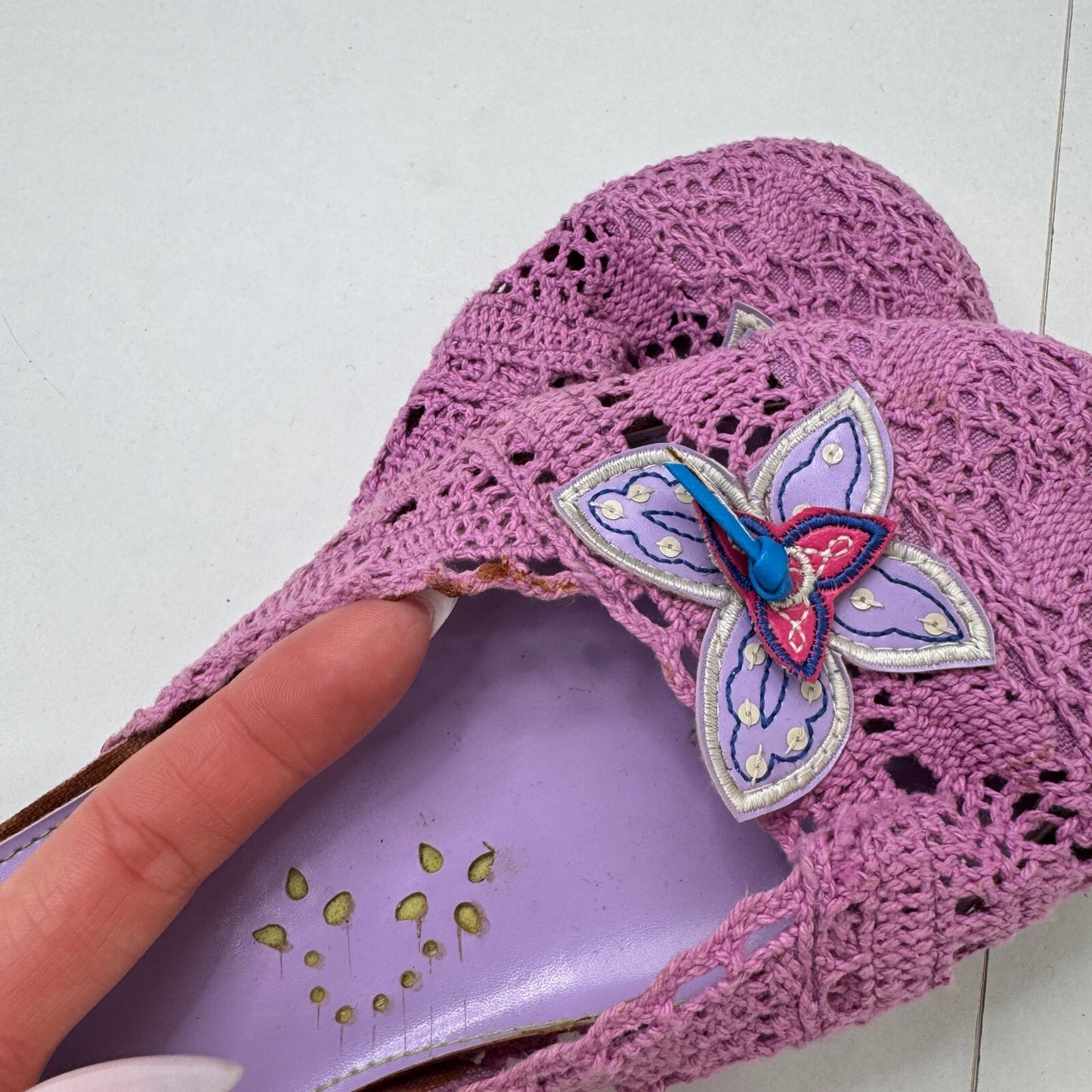 Y2K vintage Faith slip on sandals crochet butterfly lilac summer boho holiday