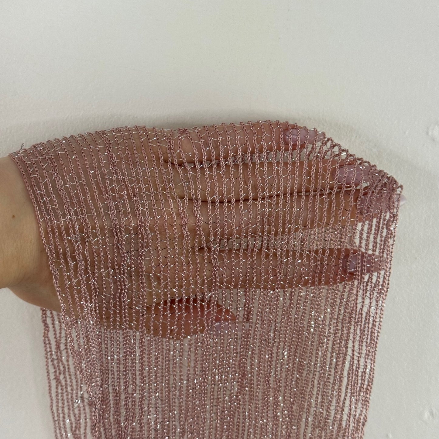 Y2K vintage scarf sheer fine knit sparkly glitter fringe blush pink