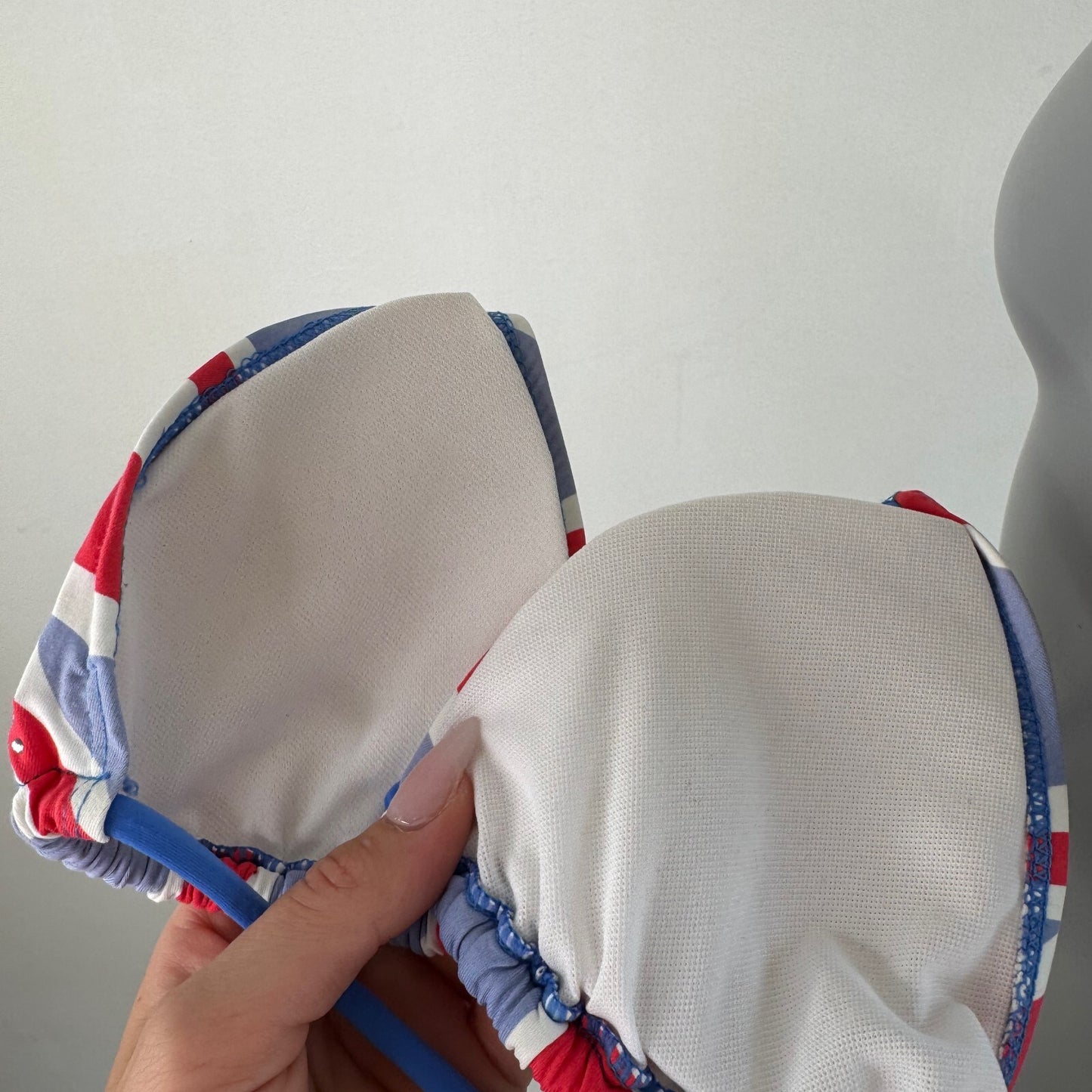 Y2K vintage bikini top union jack rhinestone pink blue halter neck tie