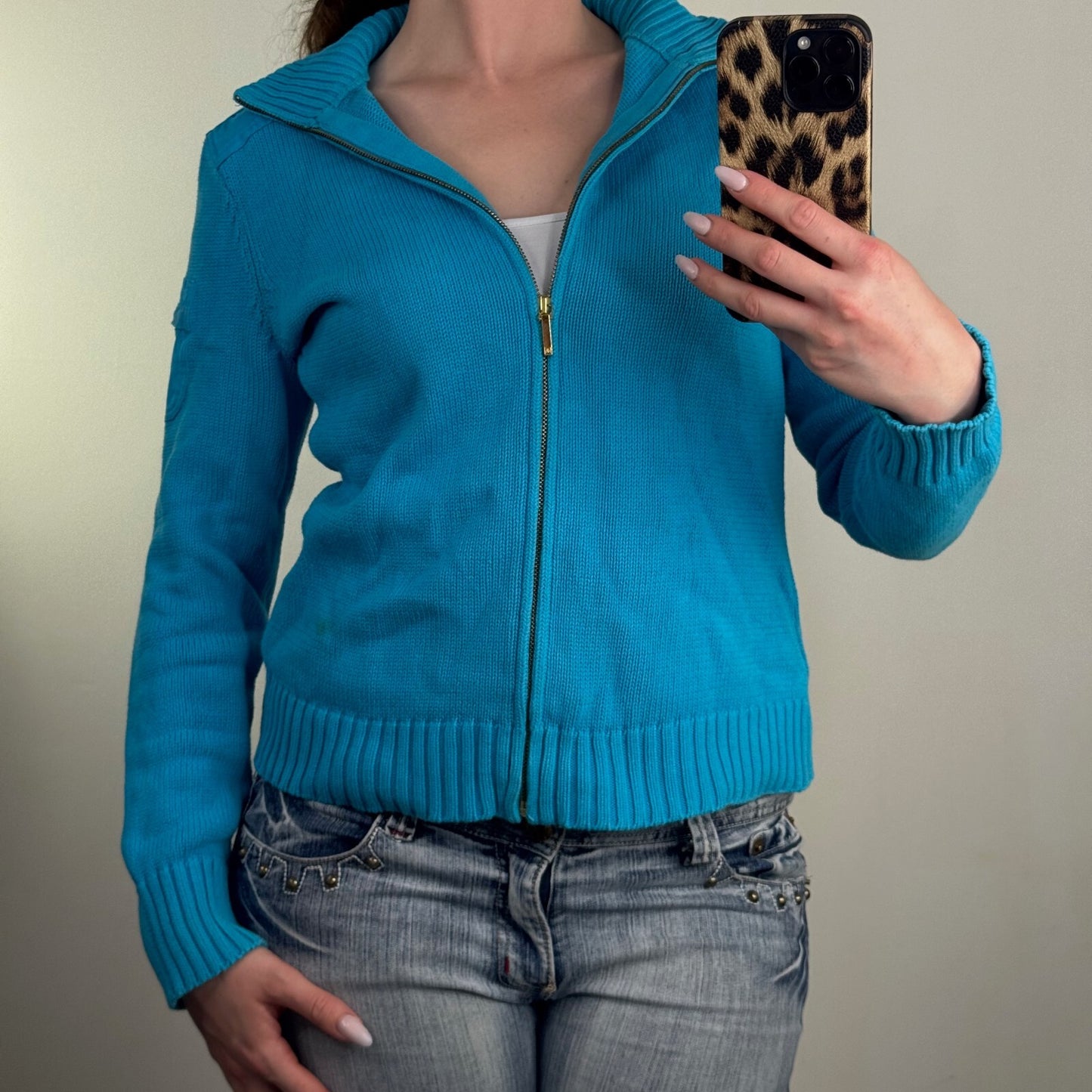 Y2K vintage Lauren Ralph Lauren zip up jumper knit cargo pocket high neck blue