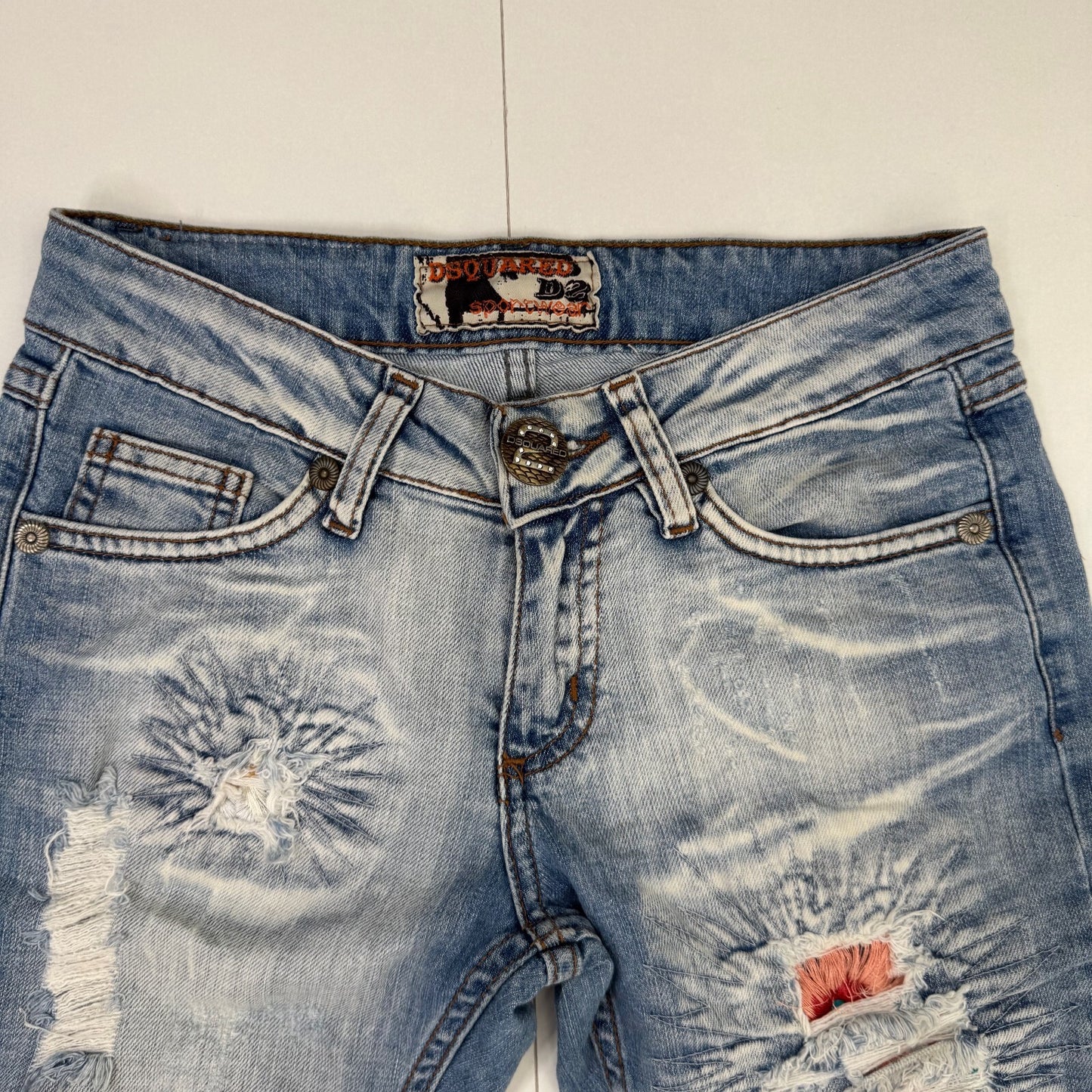 Rare AW03 Dsquared2 Archive Low Rise Distressed Embroidered Flared Jeans W26 L34