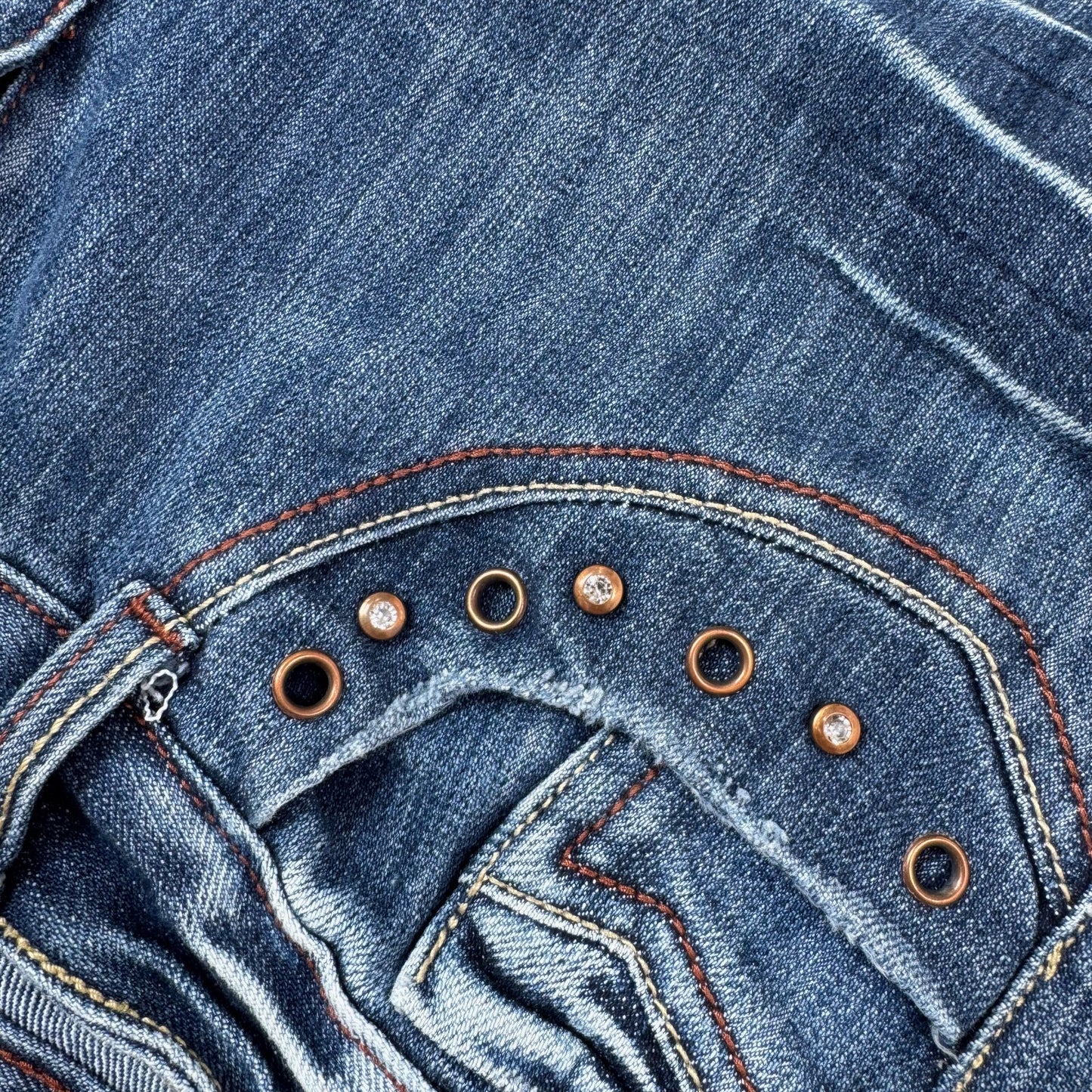 Y2K vintage bootcut denim jeans low rise rhinestones embroidered pockets faded