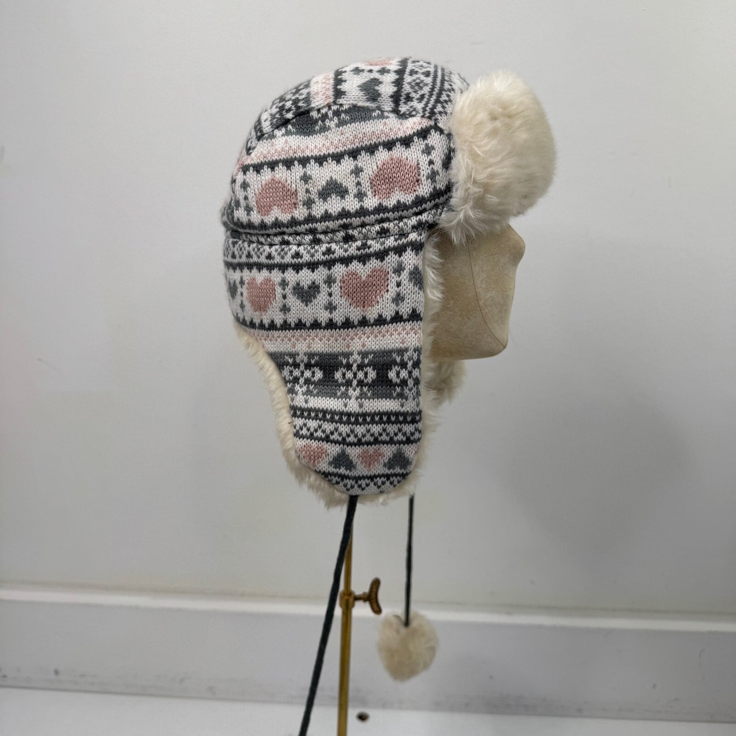 Y2K vintage trapper hat knit faux fur trim pom poms heart aztec print