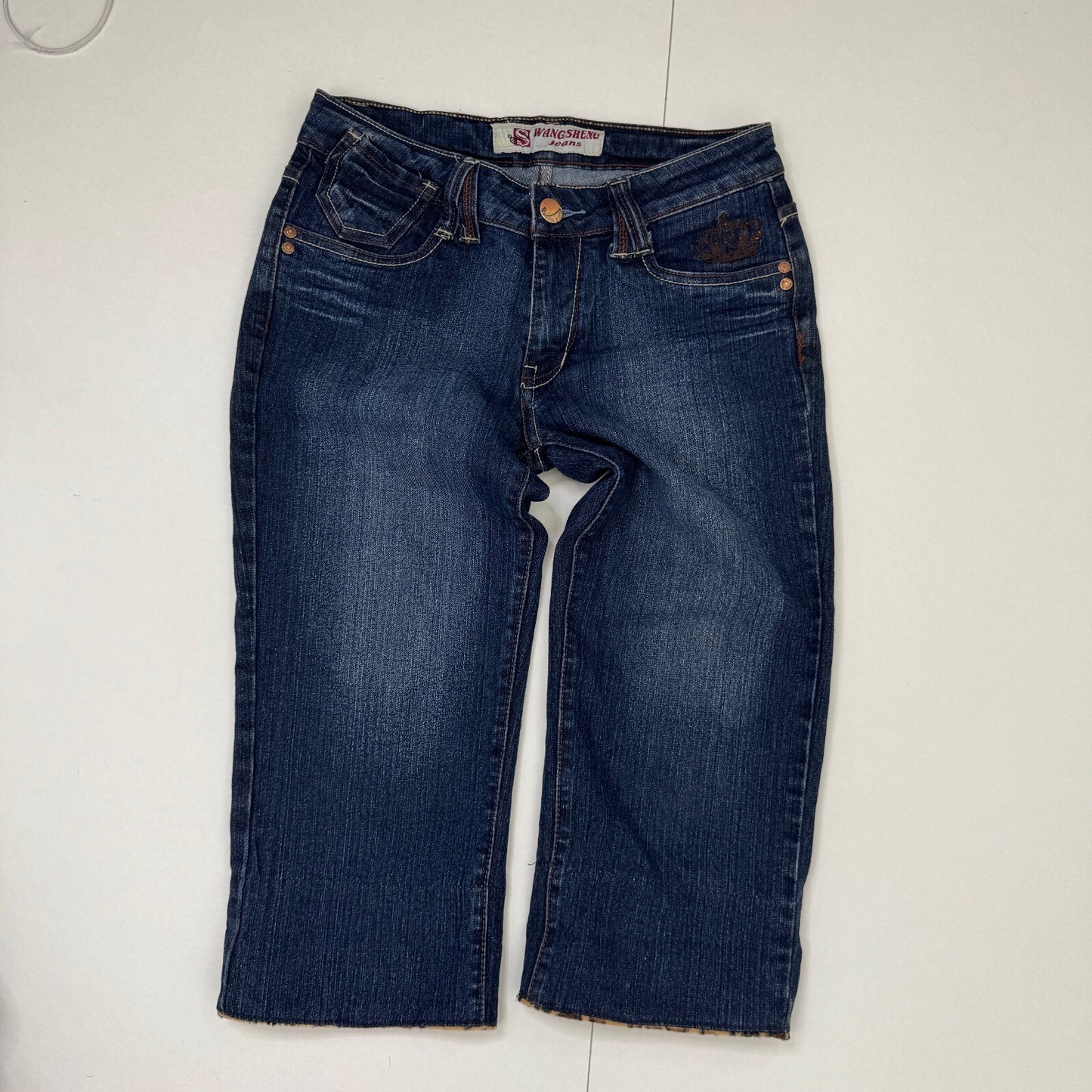 Y2K vintage capri jeans denim low rise cropped crown embroidery leopard print