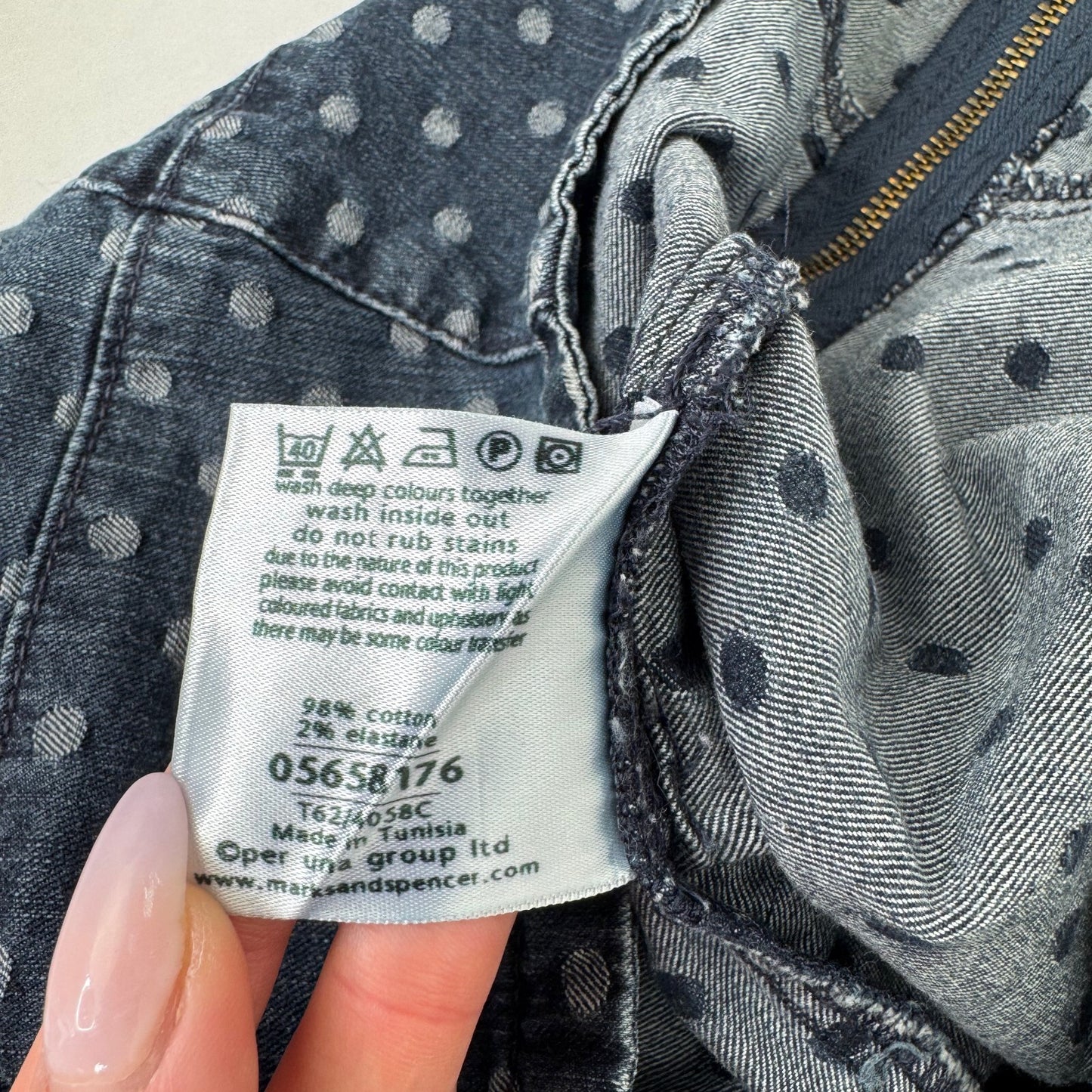 Y2K vintage Per Una midi skirt polka dot stretchy denim mid blue wash spots